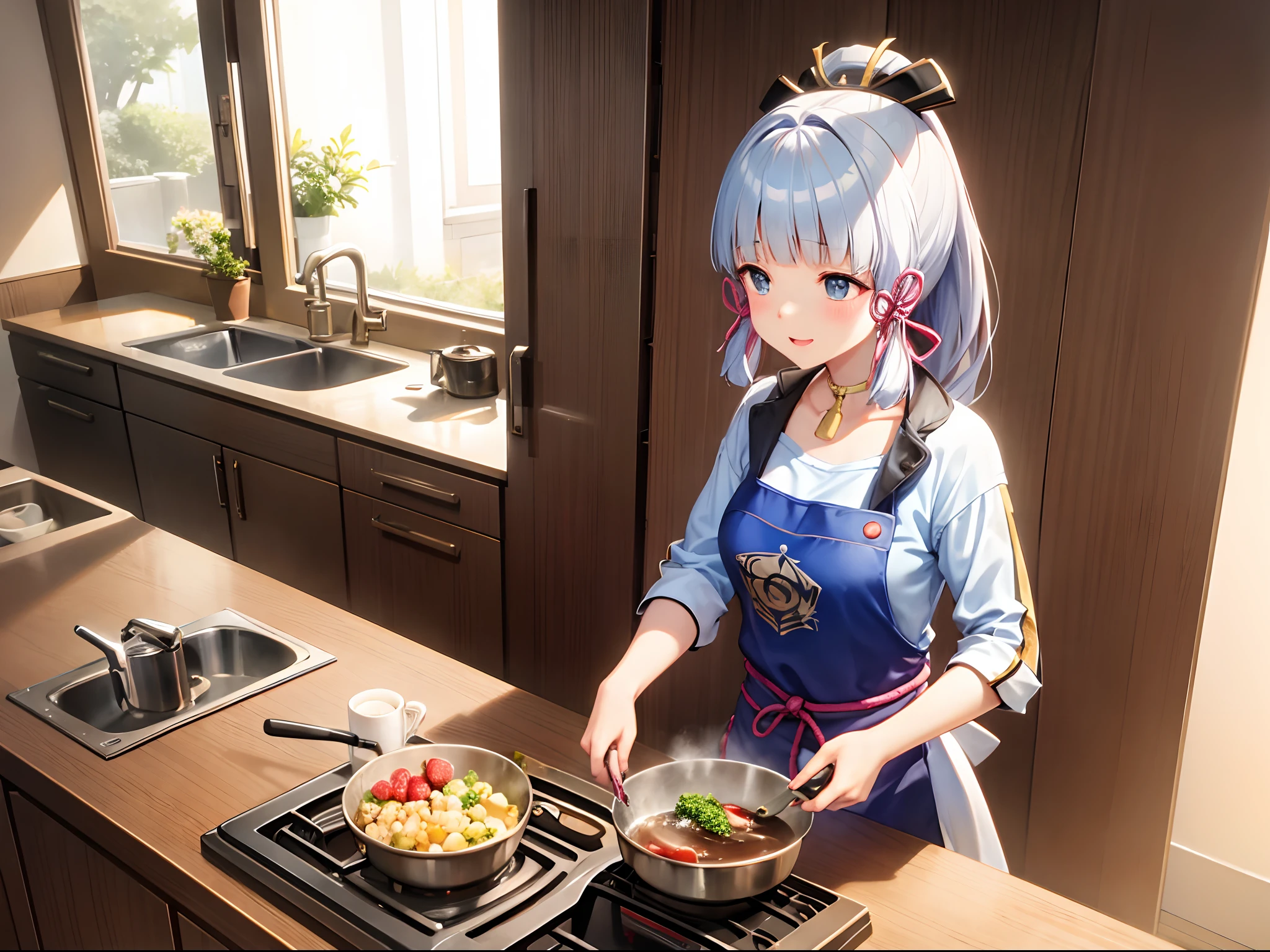 ayaka, kitchen, cooking food, happy