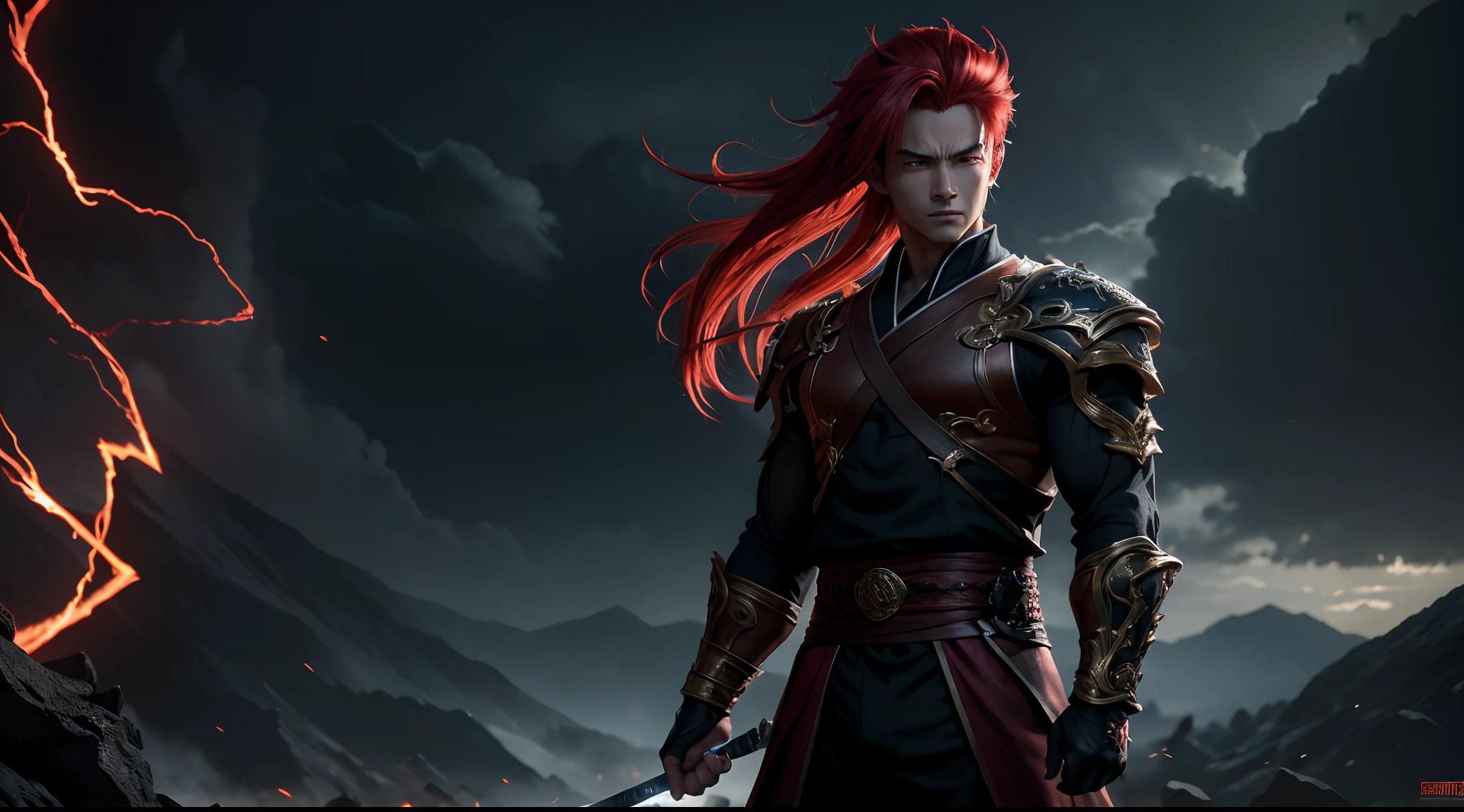 An 8k masterpiece, highest resolution, every detail, meticulous detail, depth of field, bright colors, beautiful composition: stunning take on an anime character Gohan with brilliant red hair and beautifully detailed glowing eyes, standing against a dark and ominous background. This handsome demon slayer is the epitome of bad guys in the world of fantasy art.