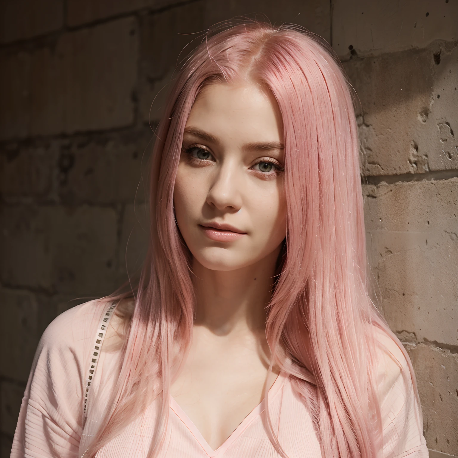 Beautiful realistic women can be seen looking at the camera with her, long pink hair, ultra realistic wall behind her, the wall is dark pink, her very realistic clothes are pink