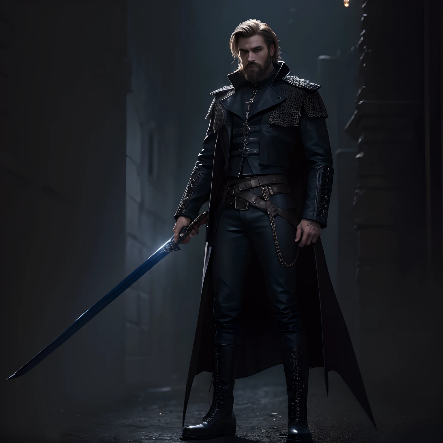 majicMIX horror model ,Brutal man ((solo))with short straight blonde hair and beard , Dressed in a dark blue gothic coat with fantasy embroidery and leather pants , It stands in full height against the background of a Gothic castle at night , His boots are visible ,Vision of the Sabre ! In his right hand , The long blade of the saber is visible ! ,  You can see his tense face ,Embroidery visible ! on a coat in the form of lion faces ! Front light ,((tmasterpiece)), ((beste-Qualit)), higly detailed,, V0id (tmasterpiece: 1.3), (Best_Quality: 1.3), (ultra_Detailed: 1.3), 8K, extremely_Of course, 真实感, (Ultrarealist: