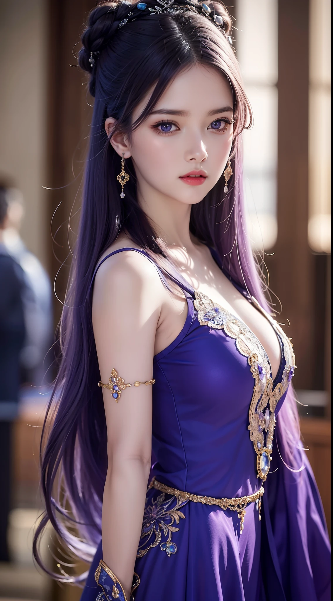Take yourself to a fantasy and magical world, where a solitary figure stands on a beautiful façade. Single Girl, with blue-purple hair and piercing purple eyes, exudes strength and power. The close-up captures every detail, from the intricate design of the outfit to the emphasizing of her sensual features.