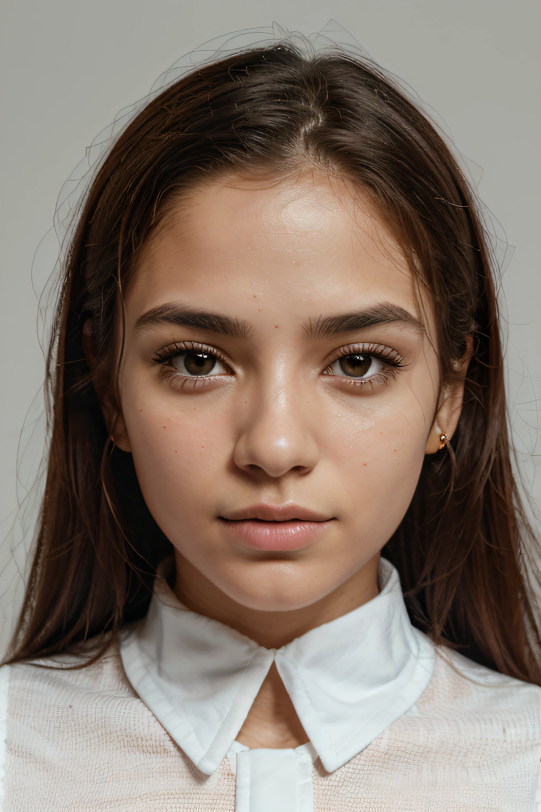 Retrato de uma menina brasileira de 16 anos,olhos mesquinhos,thin lips,Emaciação facial,sem barba,Good facial features,symmetrical facial features,The ears are symmetrical and clear,Ultra-clear and realistic facial features,Hair is naturally harmonious and true,Ele usa um uniforme branco de estilo ocidental,symmetrical clothing,The collar is symmetrical and coordinated,8k realista ultra-claro,Vestindo uma camisa por baixo,The texture of the clothes is clear,The collar is symmetrical and coordinated,Textura ultra-clara,Camera Trigger Effect,Light and shadow are natural,olhos e rosto muito detalhados,Hiperdetalhamento, High definition, Very detailed, best quality, master part, , realista, real, Papel de parede 8k,Detalhes de plano de fundo para objetos em primeiro plano (master part: 1.2) (fotorrealista: 1.2) (Bokeh: 1.2) (best quality) (color grading) (skins detalhadas: 1.3) (Complexo) (8k)(Movie Lighting: 1.3) (foco nítido), Pele brilhante e brilhante, Ultra HD frontal, Digital SLR, soft lighting, alta qualidade, textura da pele, filmgrain, fechar para cima, ultrahigh-resolution,