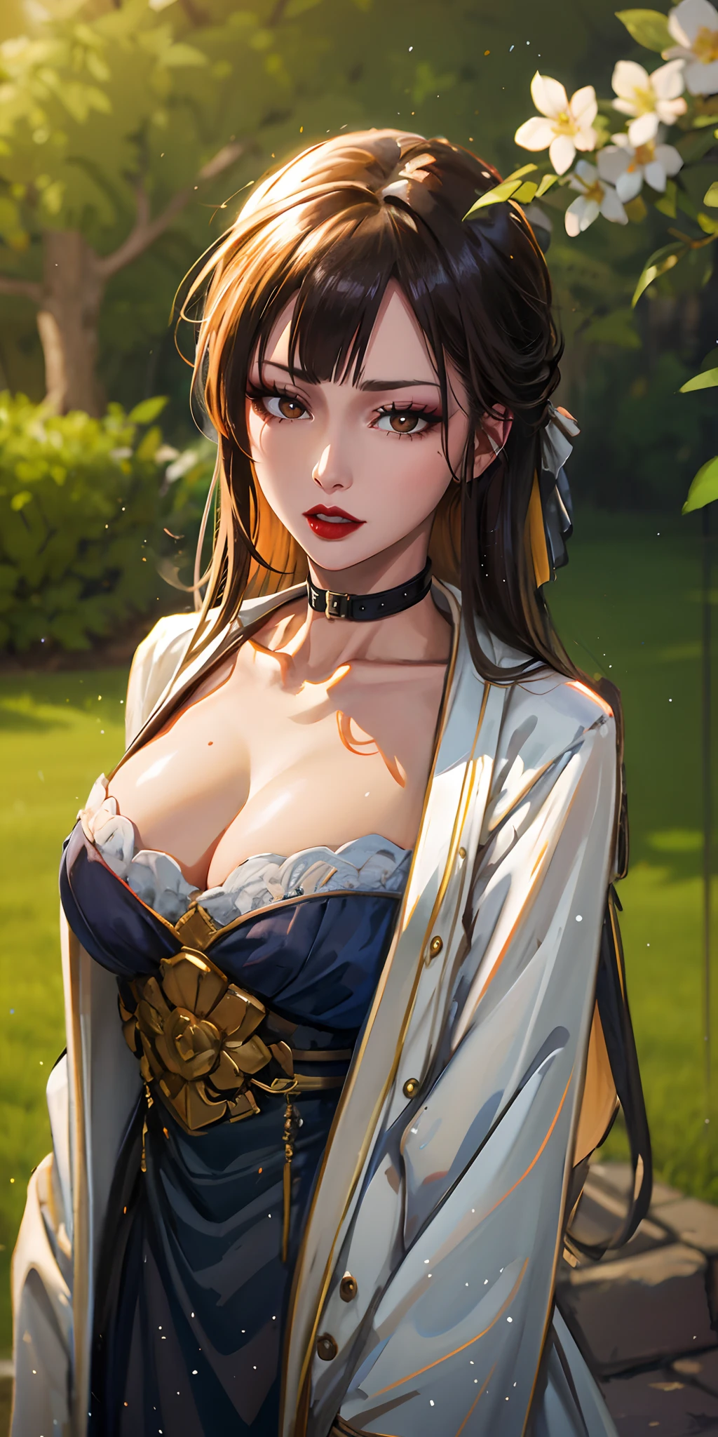 sweating, glowing eyes, heavy breathing, breasts, 1girl, breasts, looking_at_viewer, cleavage, solo, outdoors, large_breasts, choker, corset, collarbone, blurry, lips, ribbon, flower, bare_shoulders, skirt, blurry_background, parted_lips, glow effects, godrays, Hand drawn, render, 8k, octane render, cinema 4d, blender, dark, atmospheric 4k ultra detailed, cinematic, Sharp focus, big depth of field, Masterpiece, colors, 3d octane render, 4k, concept art, trending on artstation, hyperrealistic, Vivid colors, extremely detailed CG unity 8k wallpaper, trending on CGSociety, Intricate, High Detail, dramatic, anime coloring, anime screencap,