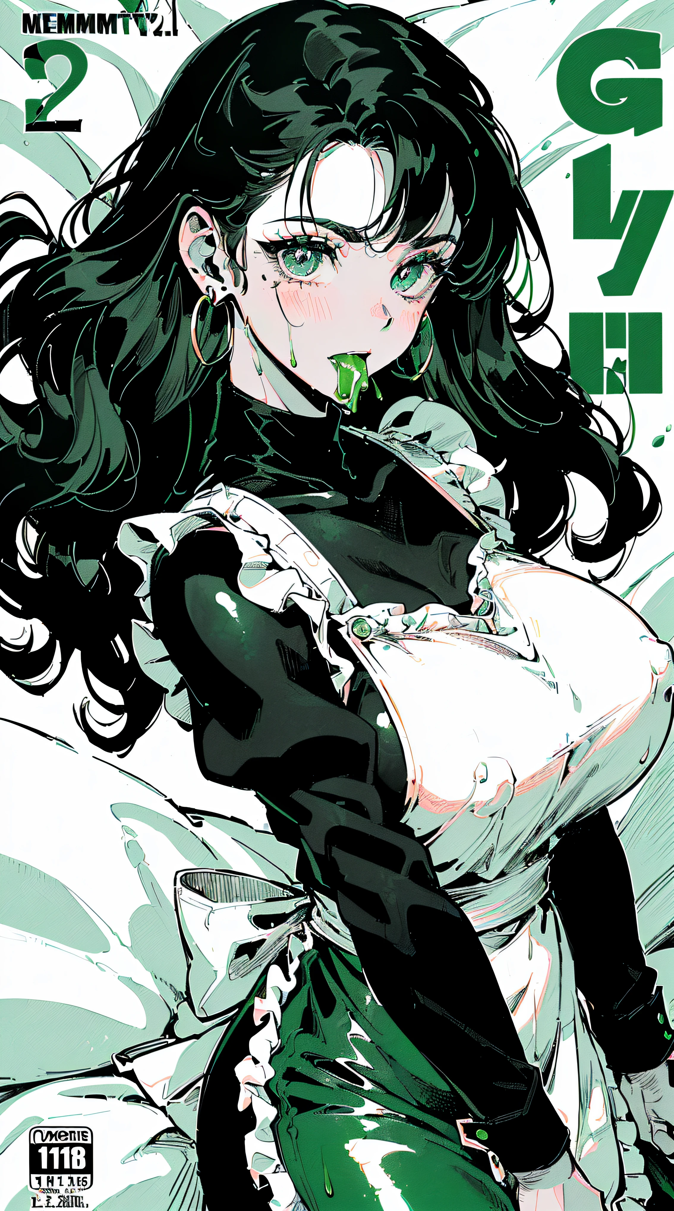 ((((((maid apron, puffy long sleeves, frilld, bangs, on the bed))))))((((The whole body is covered with oil,Oily shiny,oily,Oily and slippery,with her mouth open,The tongue comes out of the mouth,Blush:1.2,Loose cuffs,))))(((((((Monochrome world, Use only black shades, White, and green, Grim, geomerty:1.2, ))))))),((1girll,mature,Amazing,Sharp focus,seductive lady,Solo,From above:1.3,Tattooed with,Loose knitwear,Military jacket,thigh band,))(Masterpiece,Best quality, offcial art, Beautiful and aesthetic:1.2),((hyper HD,ore,Golden ratio,)) (16k),((Upper lens,Facial closure:1.2,focus onface:1.2,Vampire, (((slime-liked breasts))), (((Sagging breasts))))),(Physically-based rendering),Sharp focus, (((highdetailskin,))),intricate outfits,Delicate pupils,Cardiac pupils,Danfeng Eyes,((((detailed hairs|Long hair|Long bold side bangs|Cover your eyes|Naturally curly|Disheveled hair)))),Slender,(masterpiece sidelighting),(The sheen),(Beautiful hair,Beautiful eyes,)((unbelievable Ridiculous,)),((extremely_Detailed_Eyes_and_face)),AV actor,(Dynamic configuration: 1.2),Brilliant,Glossy, (Photorealistic), ((Metal earrings)), two-sided fabric,Ultra-precise depiction, Ultra-detailed depiction,