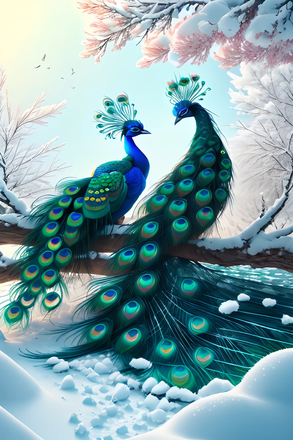 masterpiece, (absurdres, highres, ultra detailed), beautiful rime and snow scenery, couple of (red peacock) and (green peacock), full characters, side by side standing in branches, rime-like tails into the love heart shape, the earth is white, view from below,