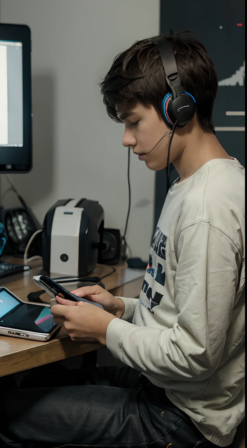 a boy who was a successful smartphone designer at a young ang a headset in front of a tablet while working on an editing project in his studio. masterpiece, best quality.