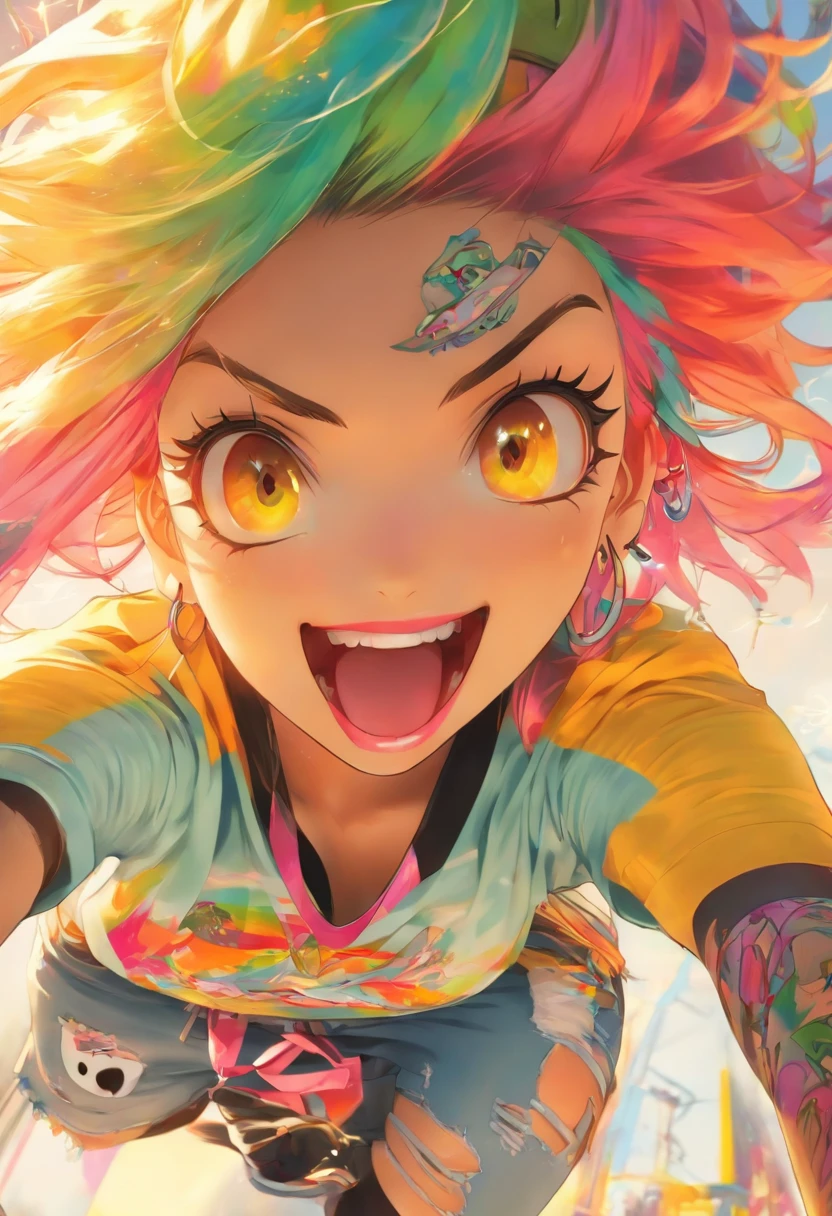 A garota de skate mais bonita e sexy, rainbow colored hair, olhos amarelos, usando capuz, graphic tee, jeans skinny rasgados e equipamentos de skate altamente detalhados, toneladas de tatuagens e piercings, Antecedentes altamente detalhados, Obra-prima perfeita, alta qualidade, high resolution