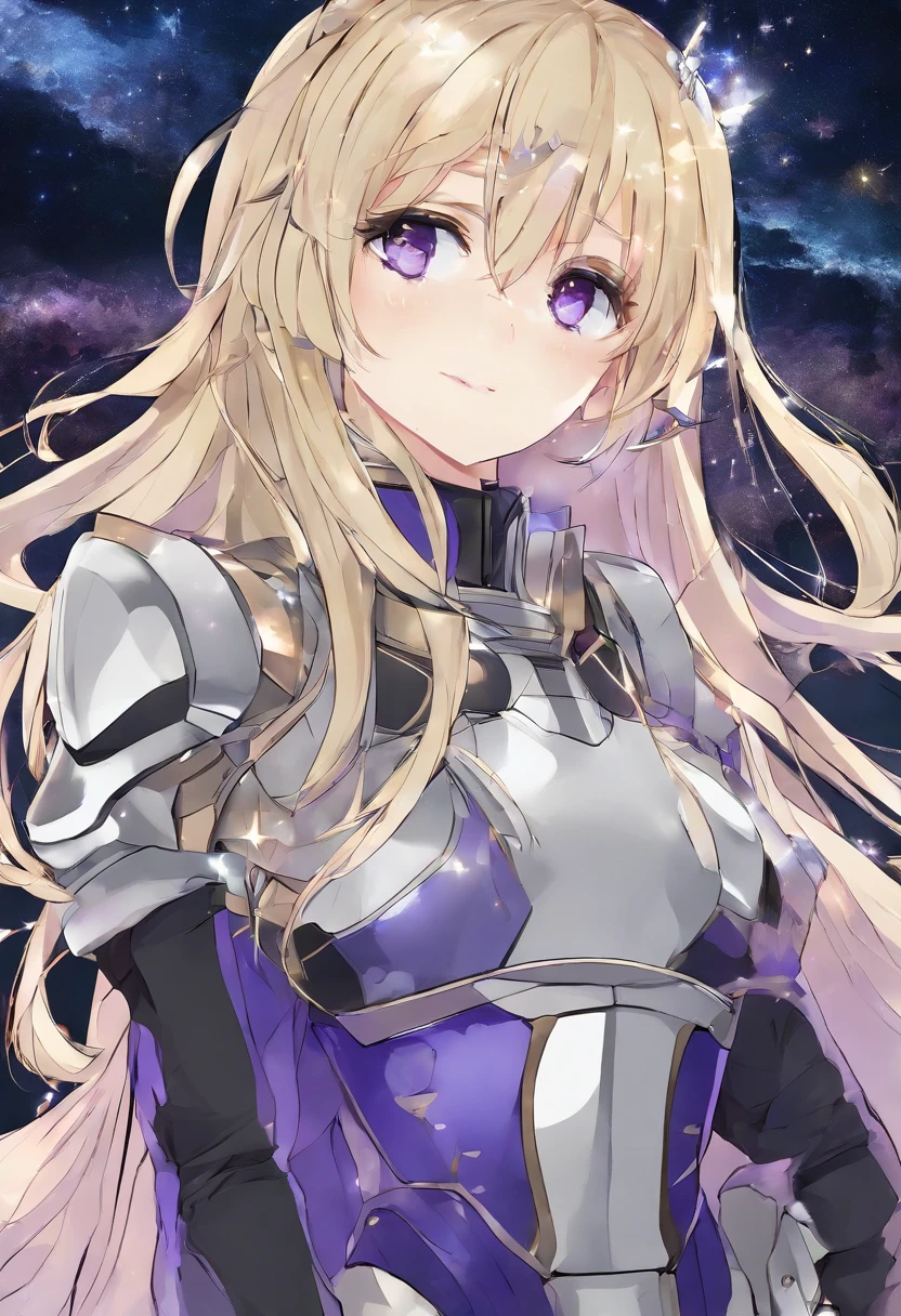 Long blond hair with slightly curly hair，Single ponytail，Purple eye，Starry gray knight's armor，Dark blue round pendant