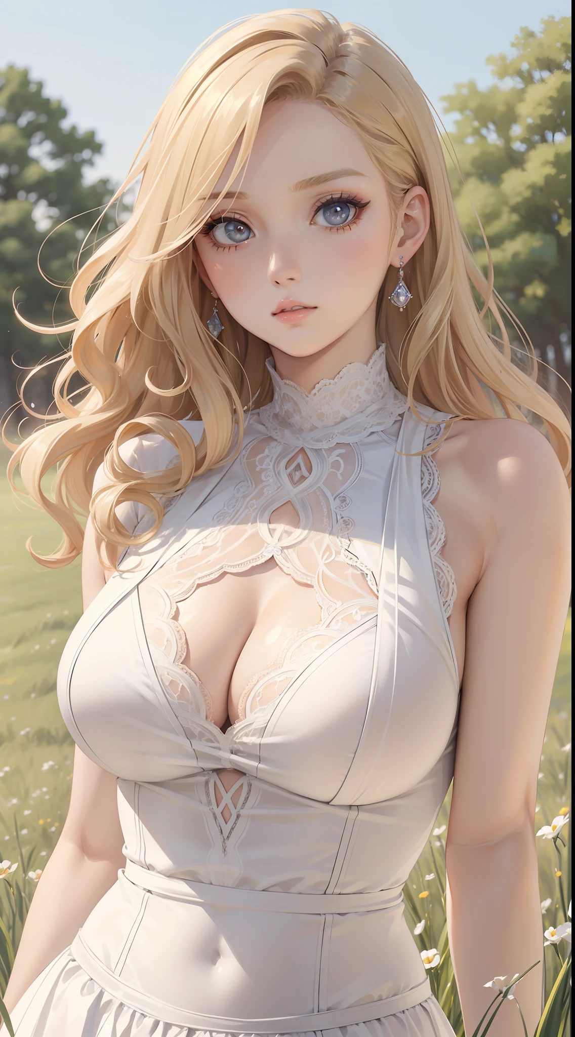 (masterpiece:1.2), (best quality:1.2), upper body shot, curvaceous but slender body, perfect eyes, perfect face, perfect lighting, 1girl, mature female in a field, medium blond hair, curly hair, detailed clothes, detailed outdoor background, makeup, eyeshadow, thick eyelashes, fantasy, looking at the viewer, spring