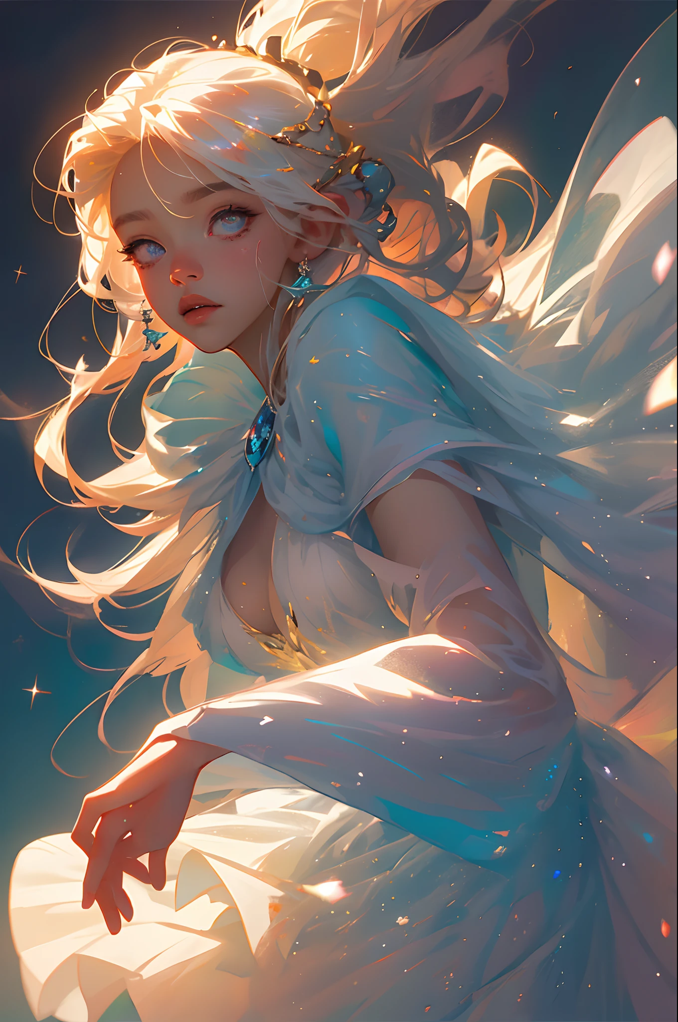 Semi-realistic anime photos, High quality, Fairies falling from the sky, Translucent with multicolored glitter, White Dress, Symmetrical face, the golden hour, Soft, Focused, Highly detailed, hyper realisitic, Dramatic Lighting, Elegant, Convoluted, Concept art, art by wlop, Mars Rabelo, Greg Rutowski, art  stations