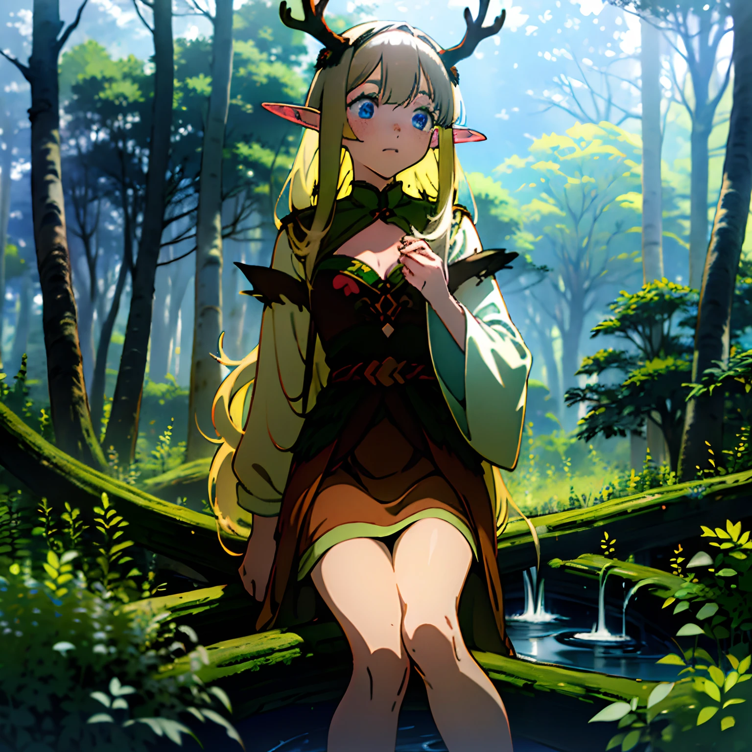 ((Masterpiece, bright coloring, solo, forest, diffused light)), loli anime girl sitting on log, moss, river, multicolored flowers, branches, trees, overgrown, bushes, berries, mushrooms, sunlight, tree canopy, ((slim body, thin body, white blonde hair, long and wavy hair with flowers, long bangs, blue eyes, freckled, freckles on face, antlers, elf ears, cleavage, medium chest, brown tunic)), brown short dress, ((torn clothing, billowing sleeves)), barefoot, pouches