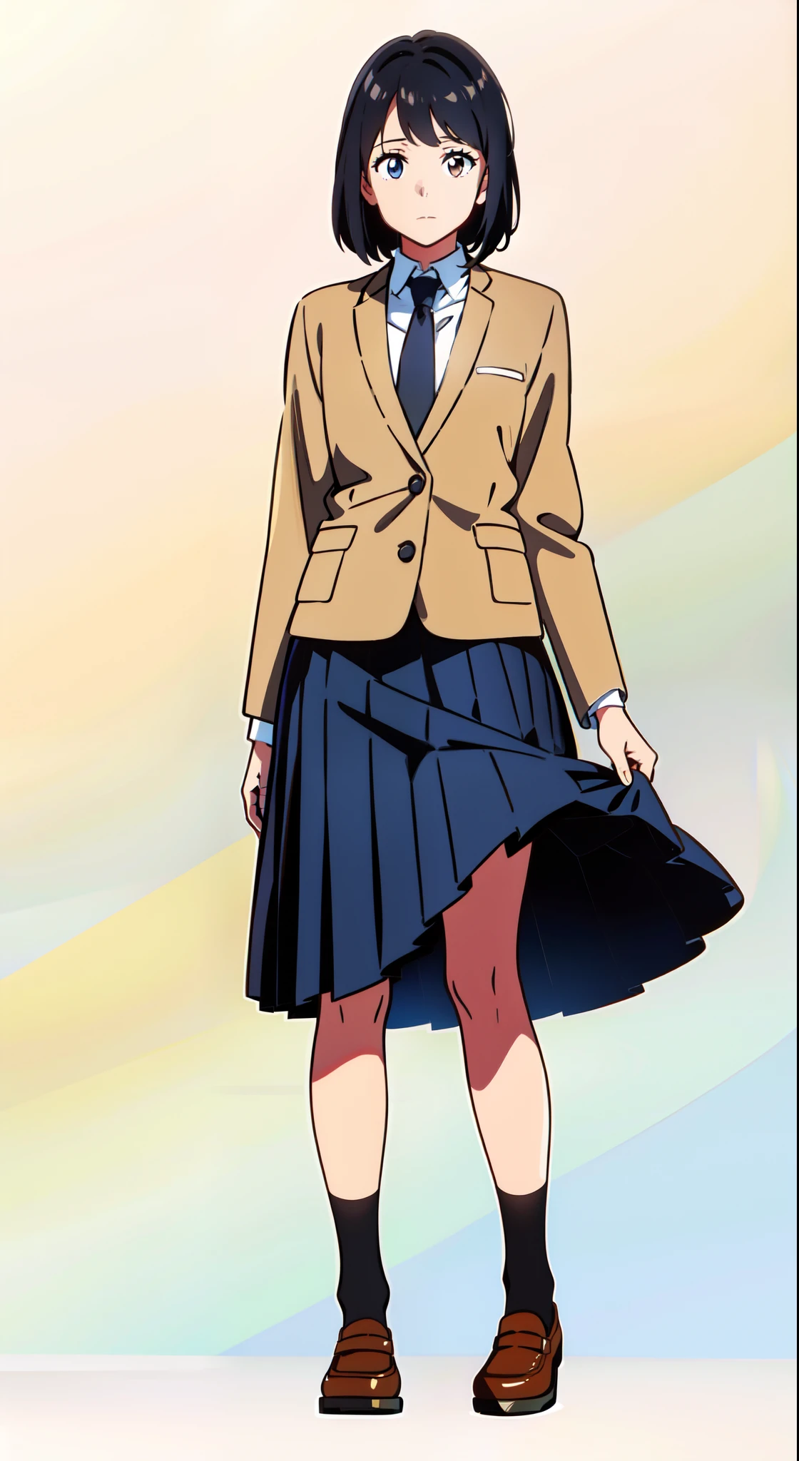 (white background:1.1), (best quality:1.1), (masterpiece:1.1), (full body:1.0), (solo:1.0), (a 18yo cute girl:1.0), (long skirt:0.9), (dark blue skirt:1.0), (pleated skirt:1.0), (school uniform beige blazer:1.0), (dark blue necktie:1.0), (black socks:1.0), (loafers:1.0), (lanky:1.1), (tall:1.1), (slender:1.1), (small breasts:1.1), (detailed beautiful eyes:1.0), (detailed beautiful face:1.0), (glowing black eyes:1.0), (short hair:1.0), (strait hair:1.0), (black hair:1.0), (standing:1.0), (looking at viewer:1.0)