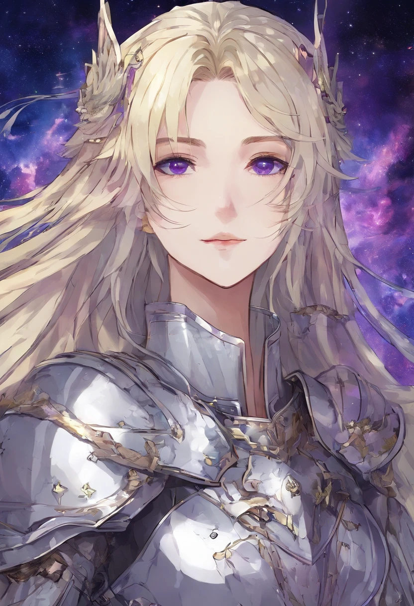 Long blond hair with slightly curly hair，Single ponytail，Purple eye，Medieval knight's armor in starry gray sky