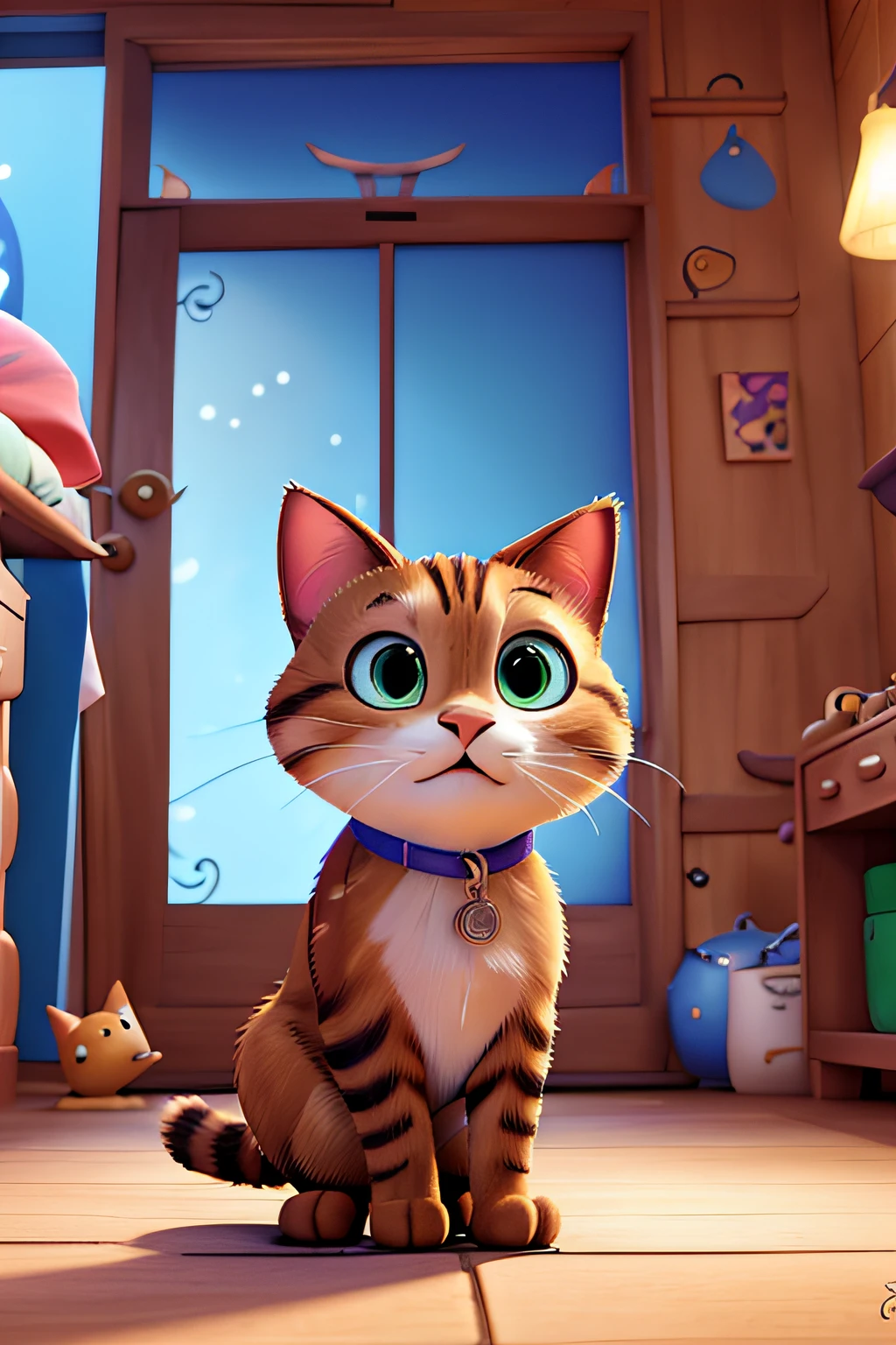 a 3d pixar disney style movie poster with the text "GATO" with a happy cat playing in a room