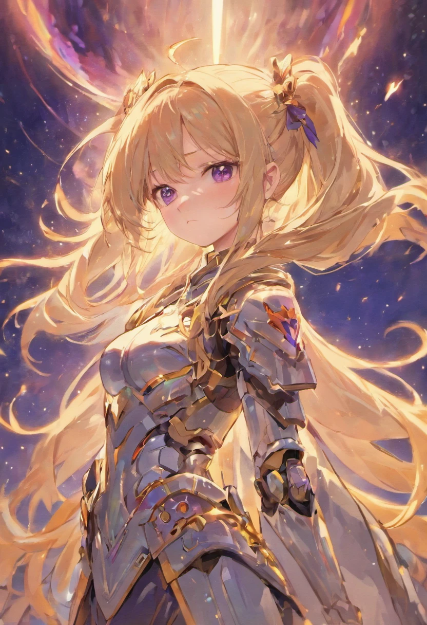 Long blond hair with slightly curly hair,Single ponytail,Purple eye,Starry gray knight's armor