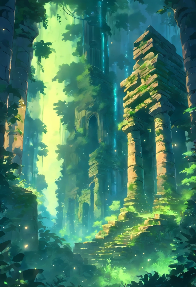 In the heart of a dense forest, ancient ruins emerge from the shadows, bathed in the soft glow of moonlight. The ruins are a testament to a forgotten era, with towering stone pillars and intricate archways that have stood the test of time. Vines and ferns intertwine with the weathered stones, reclaiming the structures as nature's own. The moonlight filters through the canopy, casting a gentle illumination on the scene and creating a mystical ambiance. The forest is alive with the sounds of nocturnal creatures, their rustling adding an eerie soundtrack to the ancient ruins. The ancient ruins located in the forest at night are a place where the past and nature coexist in harmony, a sanctuary of tranquility and mystery.