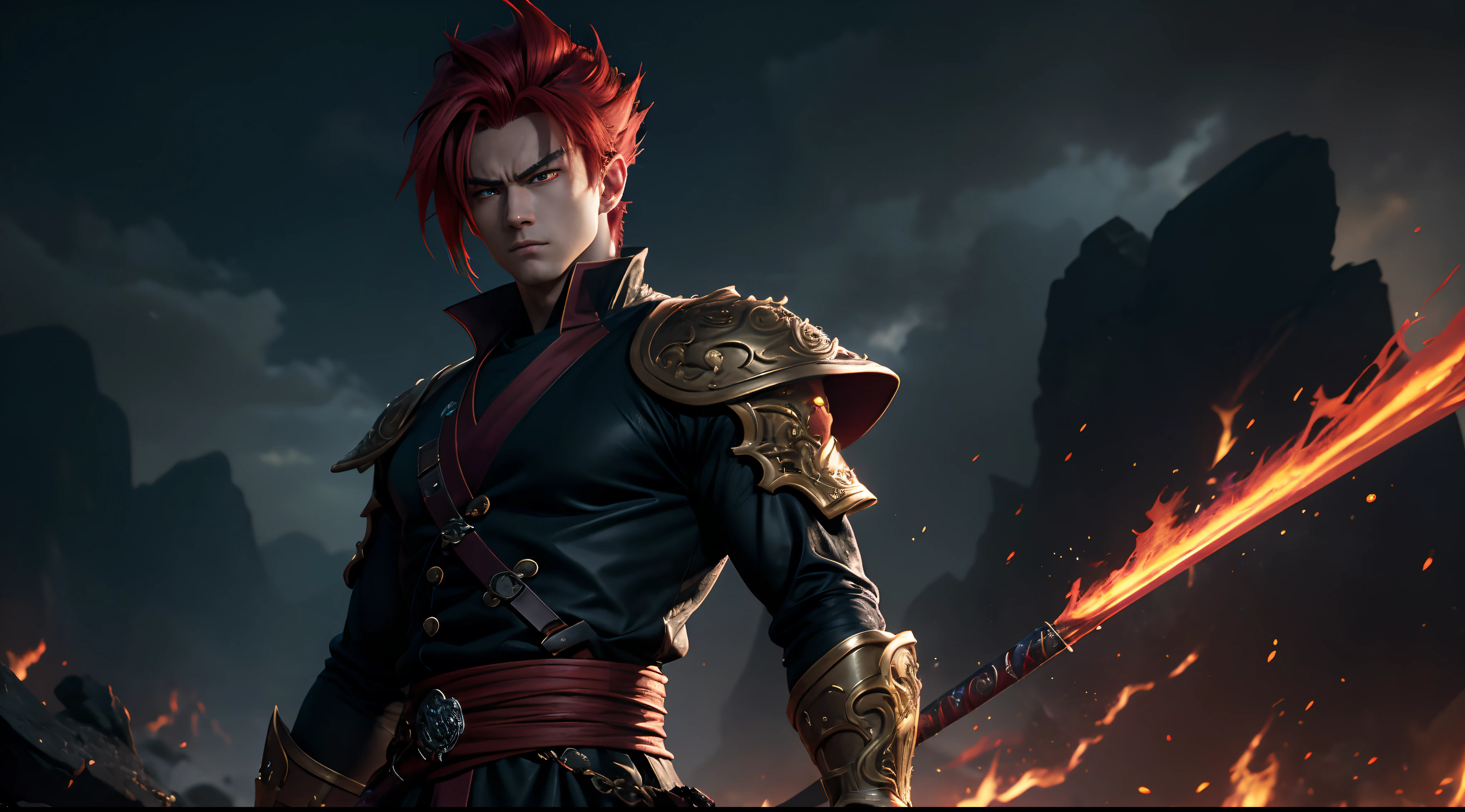 An 8k masterpiece, highest resolution, every detail, meticulous detail, depth of field, bright colors, beautiful composition: stunning take on an anime character Gohan with brilliant red hair and beautifully detailed glowing eyes, standing against a dark and ominous background. This handsome demon slayer is the epitome of bad guys in the world of fantasy art.