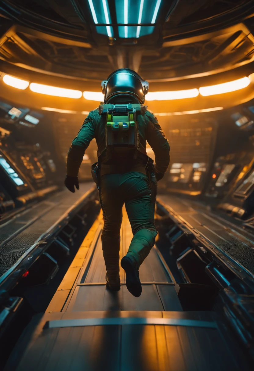 Spaceship pilot running across a landing bay to his spaceship, helmet in hand