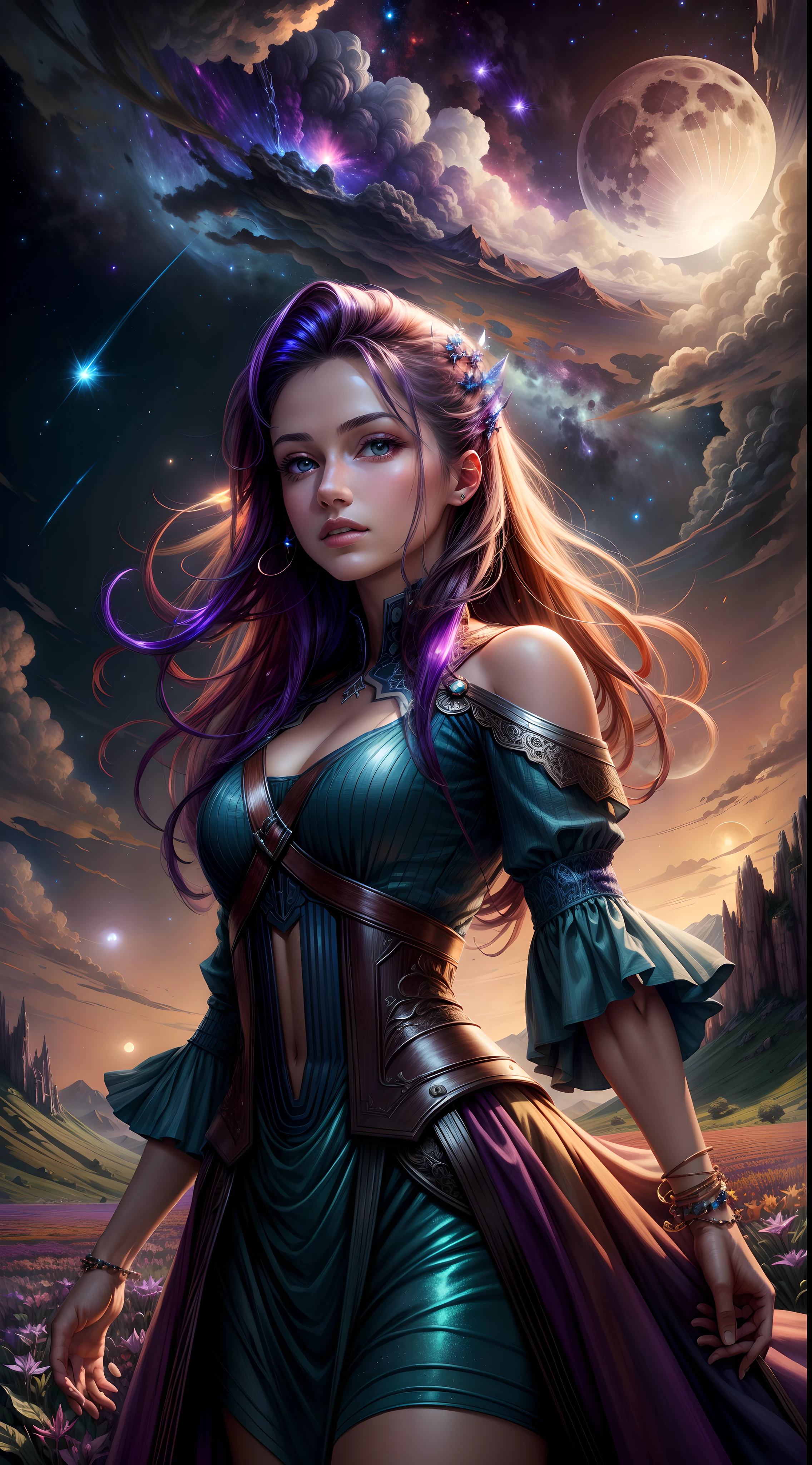 expansive landscape photograph , (a view from below that shows sky above and open field below), a girl standing on flower field looking up, (full moon:1.2), ( shooting stars:0.9), (nebula:1.3), distant mountain, tree BREAK
production art, (warm light source:1.2), (Firefly:1.2), lamp, lot of purple and orange, intricate details, volumetric lighting BREAK
(masterpiece:1.2), (best quality), 4k, ultra-detailed, (dynamic composition:1.4), highly detailed, colorful details,( iridescent colors:1.2), (glowing lighting, atmospheric lighting), dreamy, magical, (solo:1.2)