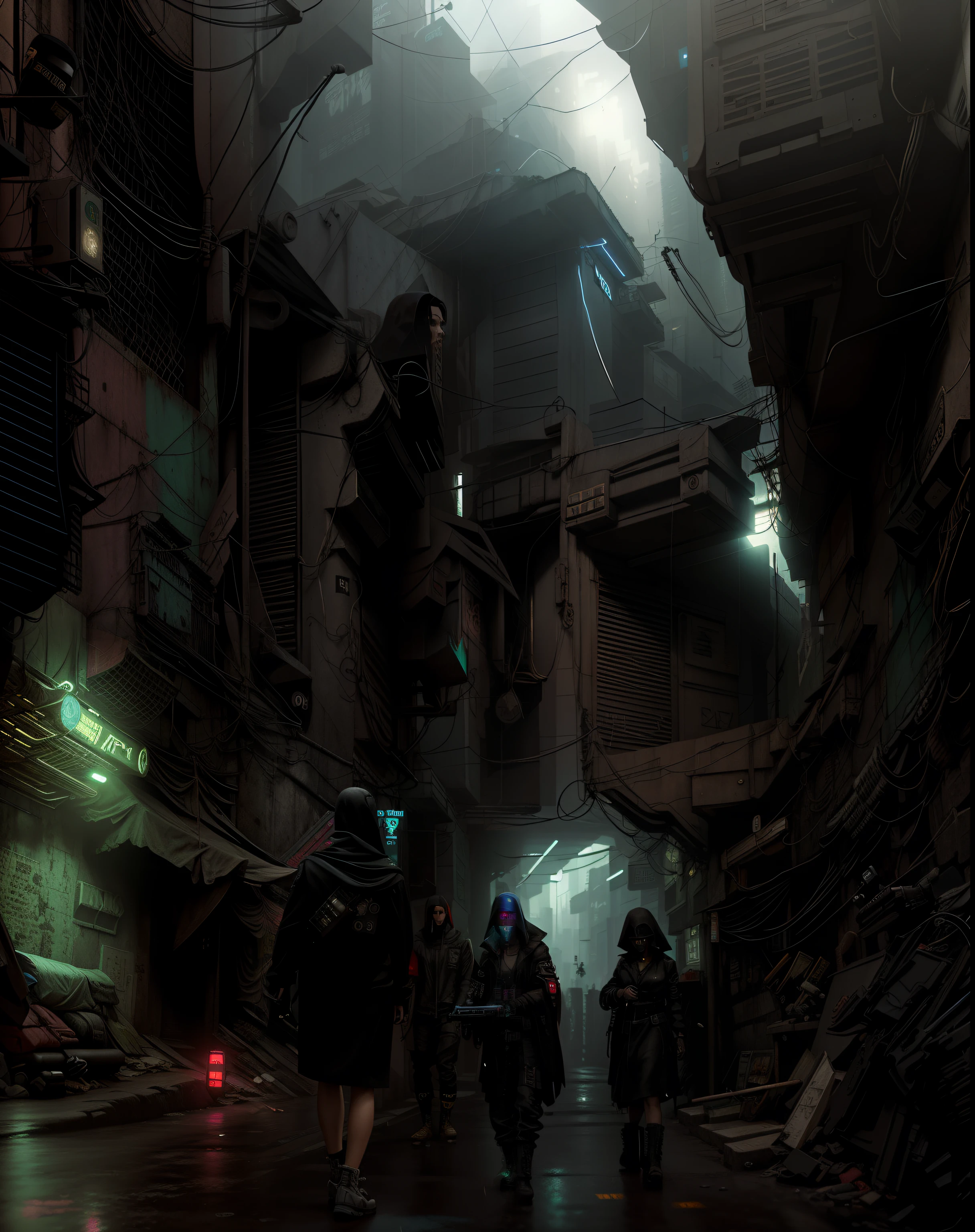 There's people walking down a dark alley in the rain, arte conceitual cyberpunk, arte conceitual urbana, arte cyberpunk blade runner, Cidade Cyberpunk Suja, digital concept art of dystopian, Beco Cyberpunk, Kowloon cyberpunk, dire cyberpunk city, Rua Cyberpunk, Beco das Costas Cyberpunk, busy cyberpunk metropolis, cyberpunk themed art, cyberpunk apocalyptic city, rua da cidade cyberpunk, cyberpunk em uma cidade cyberpunk