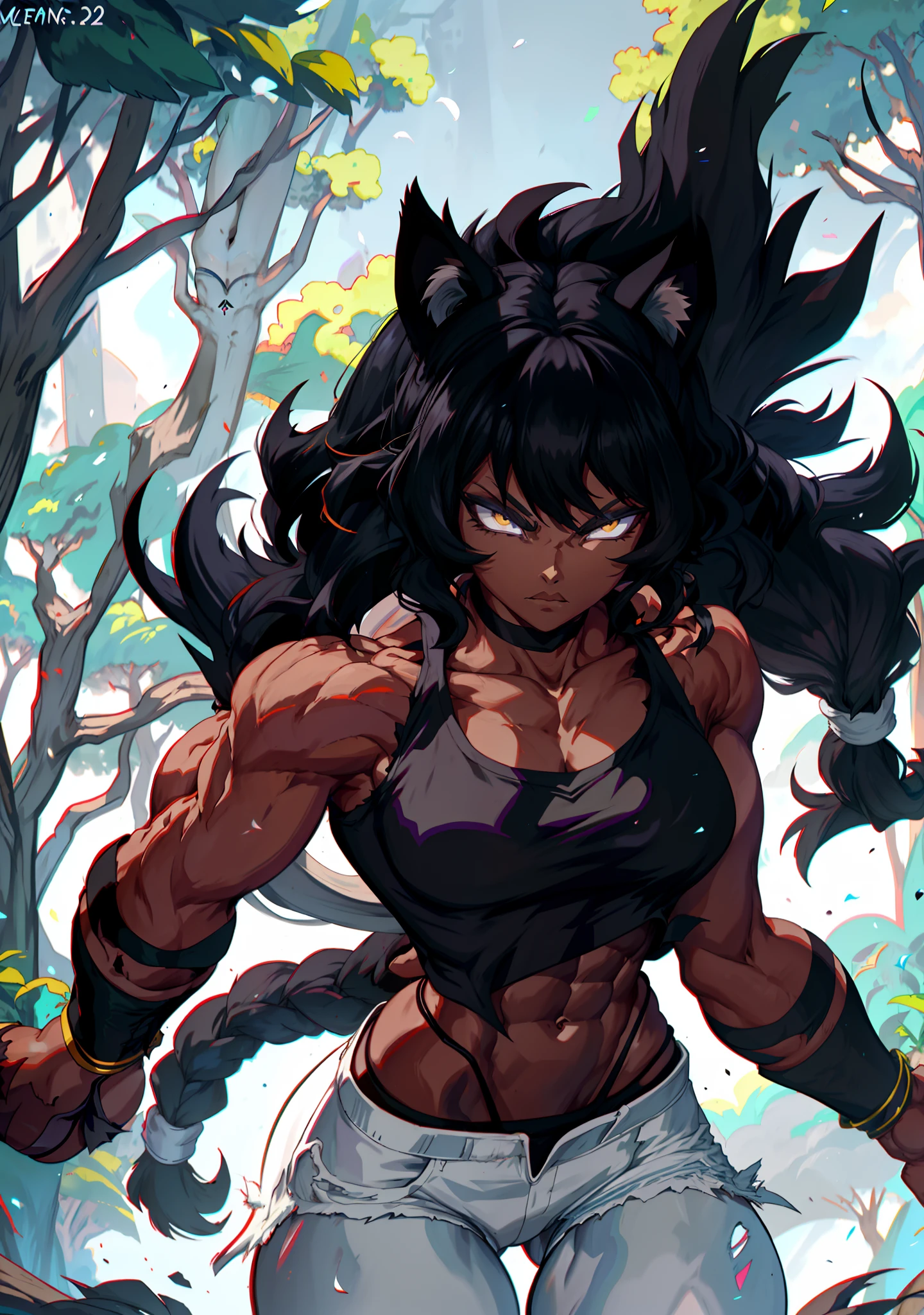 muscular ebony skinned blake belladonna in a martial artist combat pose while being in a forest, powering up, with long black hair and cat ears, a monkey tail attached to Blake's lower back, wearing an open white jacket with a black tanktop underneath, wearing a pair of ripped white shorts with black leggings, this black Blake is by herself.