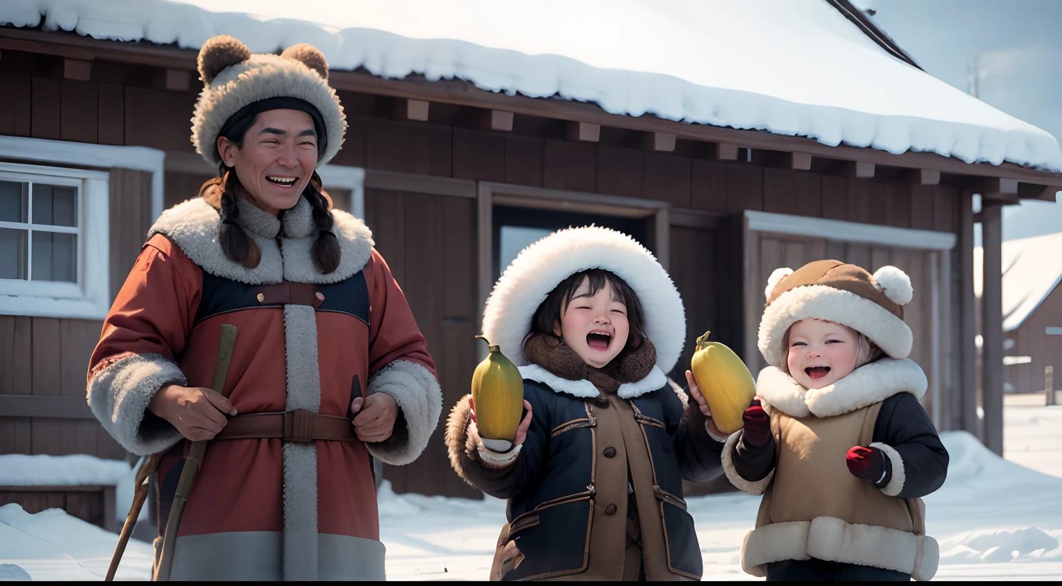 The woman, A man and a Chukotka child in fur hats with earflaps stand in full height near the house, Holding squash in their hands and rejoicing