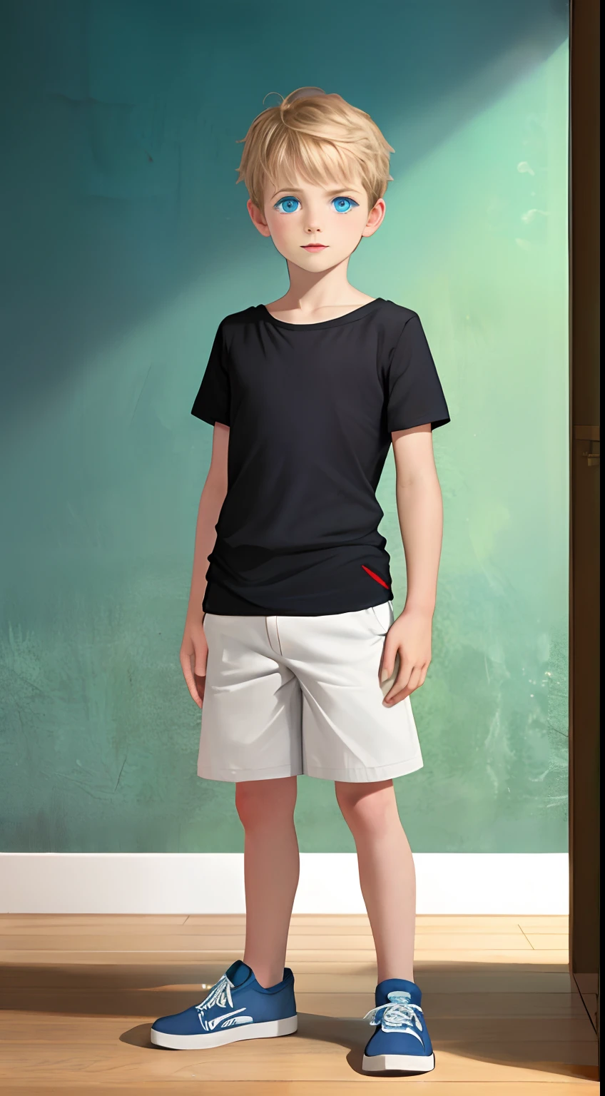 Full Body length image, Full Body Shot, cute 8  white short boy chiltural blue eyes standing in a room shirtless wearing shorts, realistic, Masterpiece, sfw.