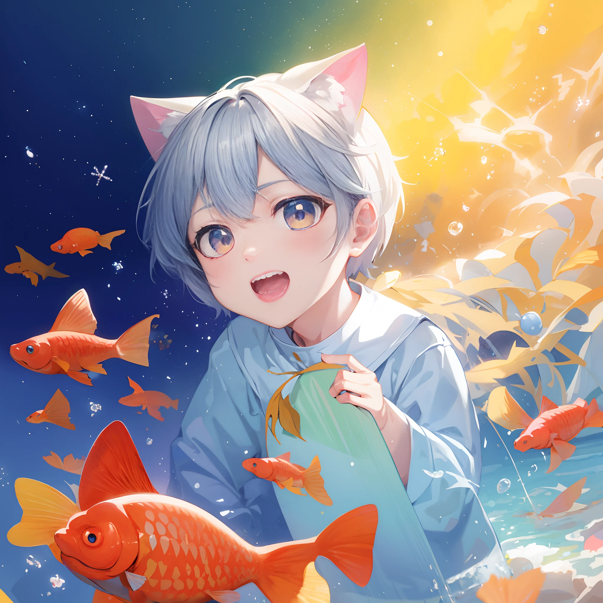 anime big breast,2D,Cat-eared boy, Handsome anime cat man, blue clothes,white color hair,Goldfish surround you,hyper qualit,Active