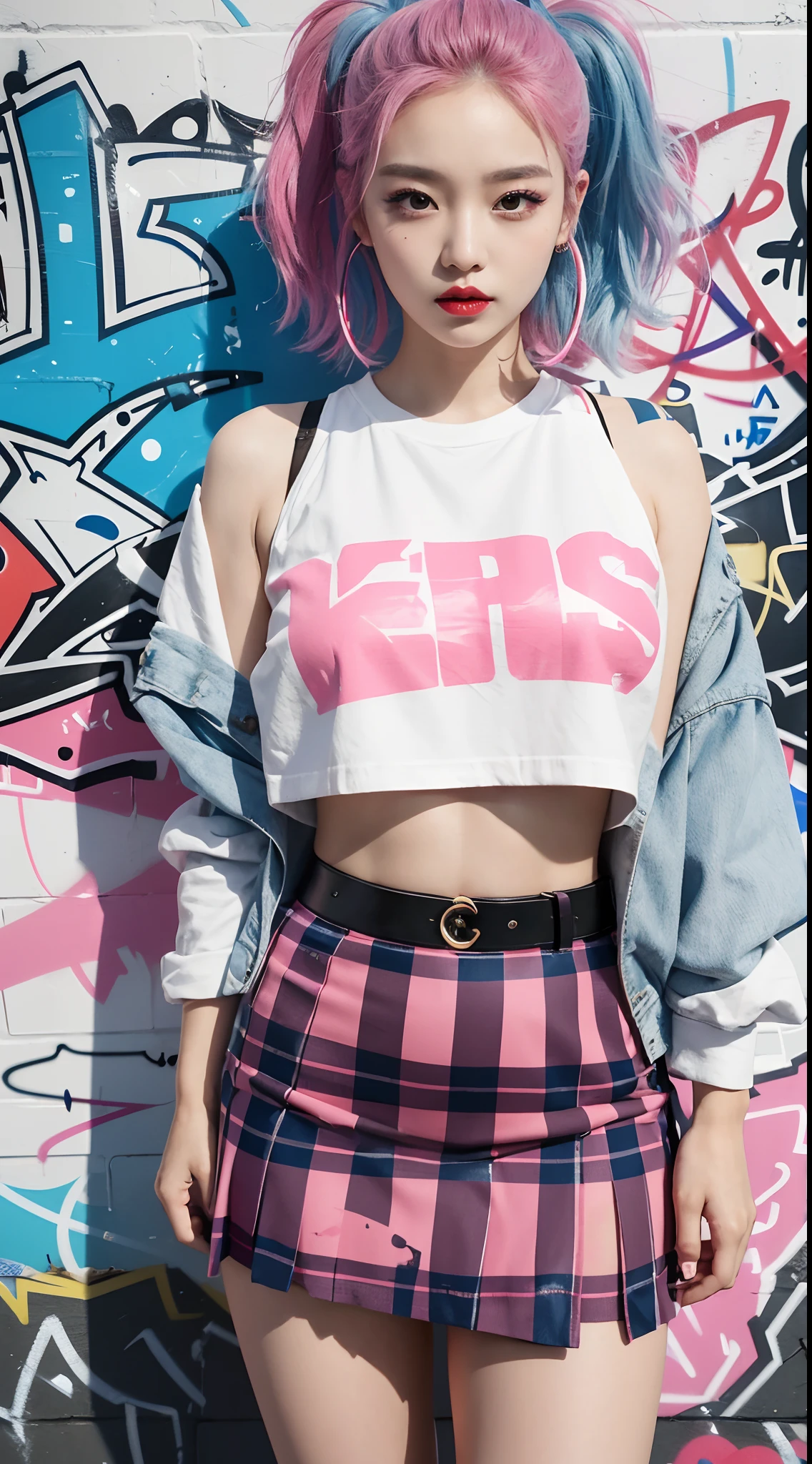 best quality, Clarity, 4k, 8k, detail, actual, Beautiful Girl, Korean makeup, Red lips, pink and blue hair, Perfect body, thigh, stand, pose standing, medium chest, Graffiti crop top, Checkered striped skirt, Solid graffiti wall background, Graffiti art,