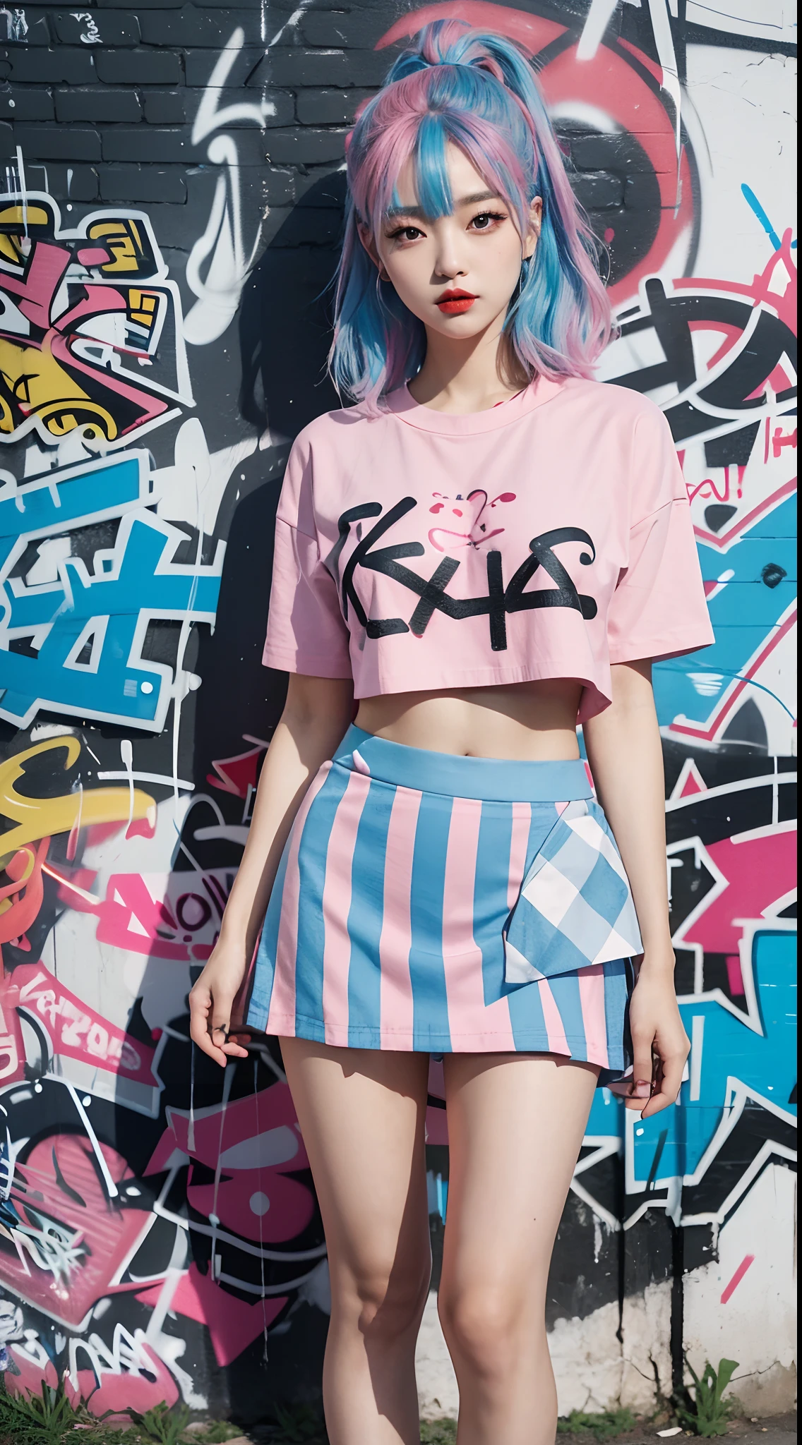 best quality, Clarity, 4k, 8k, detail, actual, Beautiful Girl, Korean makeup, Red lips, pink and blue hair, Perfect body, thigh, stand, pose standing, medium chest, Graffiti crop top, Checkered striped skirt, Solid graffiti wall background, Graffiti art,