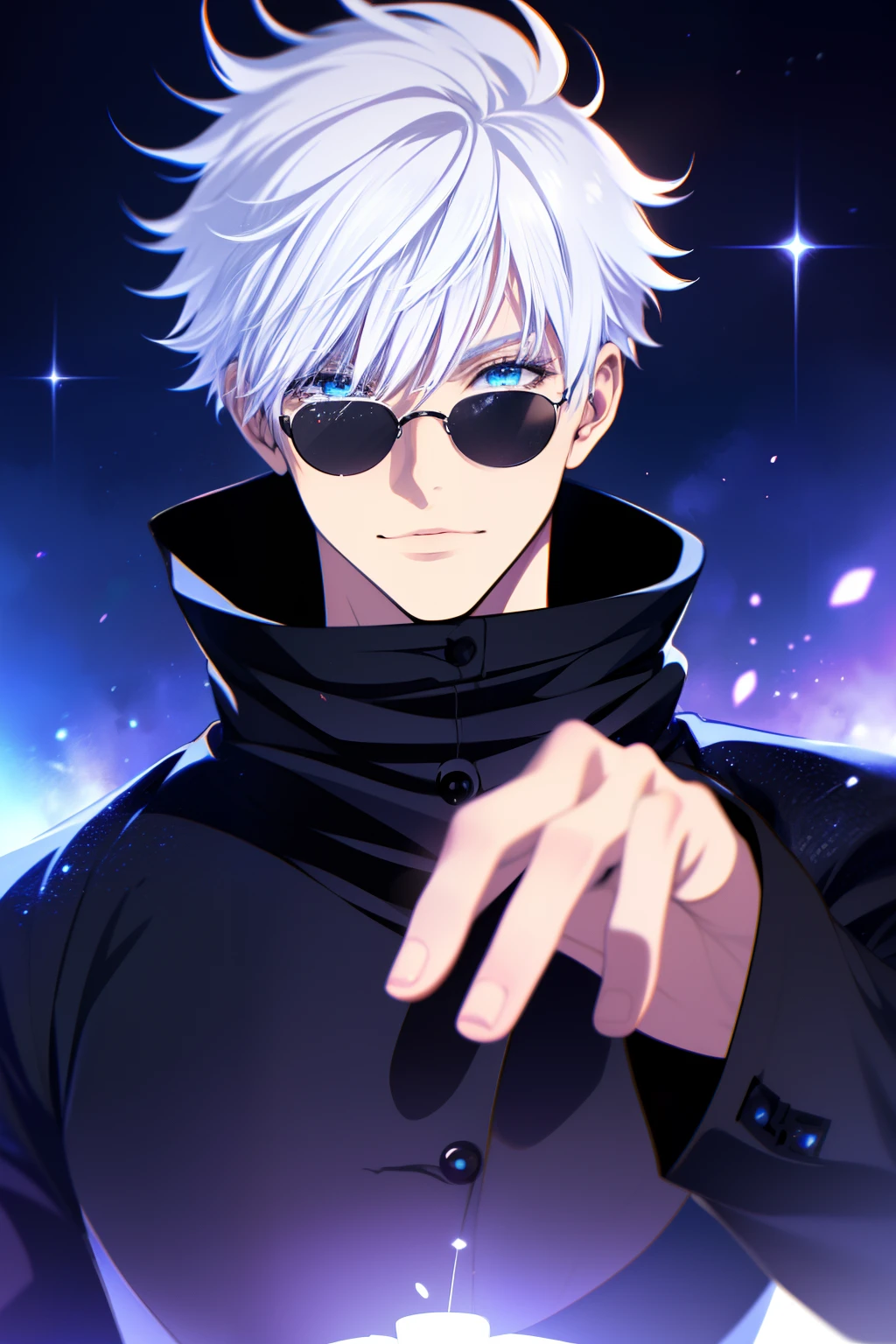 ((High detail、Cinematic lighting))、Messy white hair、aquamarine Eyes、White eyelashes、god light、Ray tracing、shadowing、Optical illusion、The upper part of the body、Looking at the camera、Masterpiece、((Super detail、Best quality、8K))、jujutsu kaisen、Gojo Gojo、Black attire、The surgery begins、Perfect black background、serene look、formidable presence、Enigmatic Atmosphere、(Strange moonshine、Ominous Shadows、 Intense Blue Aura、 Rich red halo、Symbolizes the power around him、Radiating Magical Energy、Mystical Artifacts、Ether-like granules、dynamicposes、epic soundtrack、sense of awe、(((The detailed hand)))、sunglass