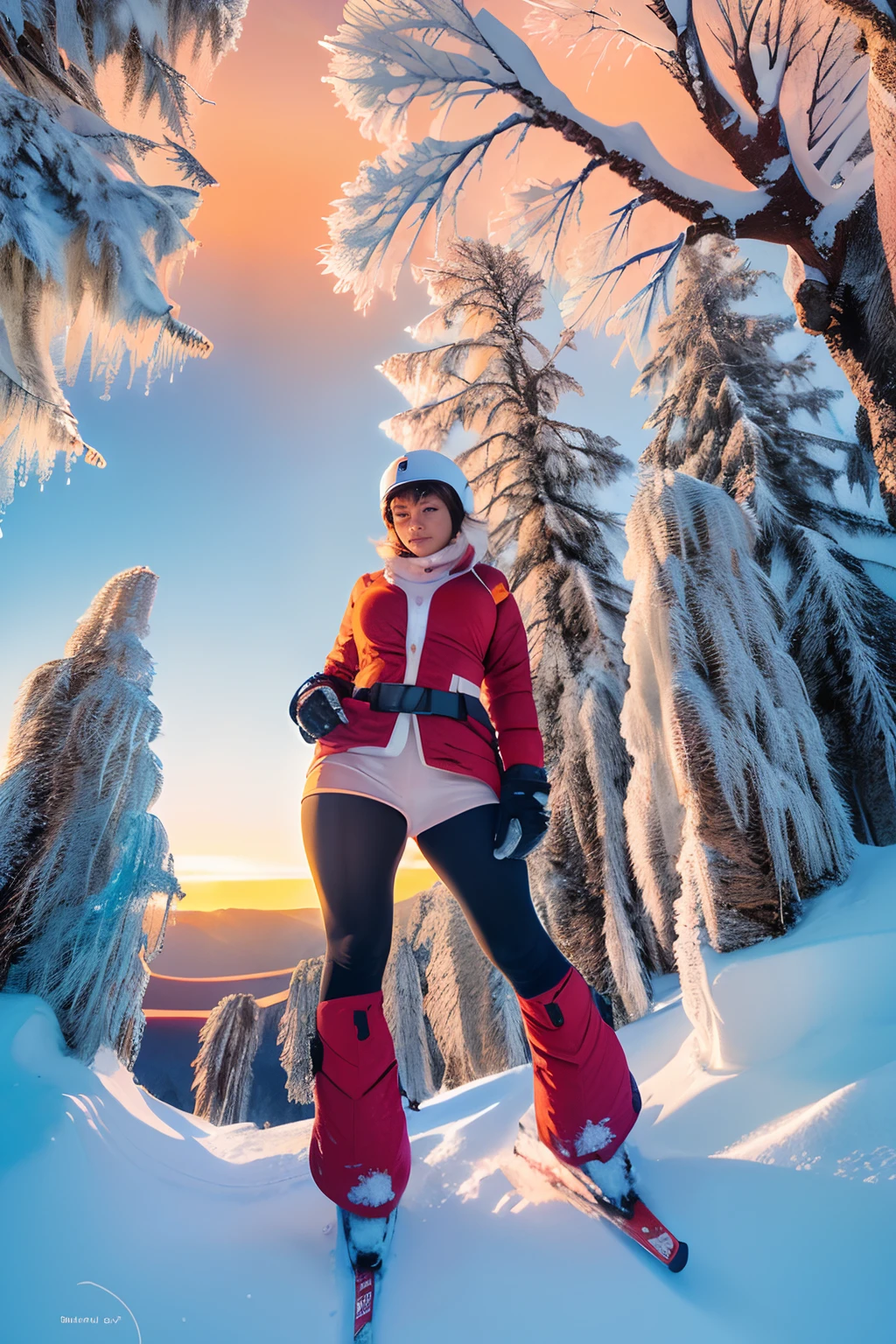 photo, photorealistic, photorealism, full body shot, wide angle, female busty skier wearing skiwears, fully clothed, gigantic breasts, cleavage, giga_busty, (rime ice covered trees along skyline:1.3), (rime ice and snow:1.5), (sunrise:1.5)