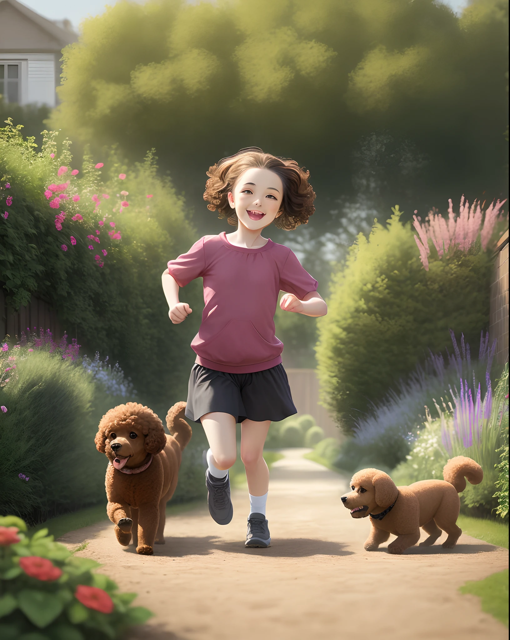 brown poodle and girl running in garden