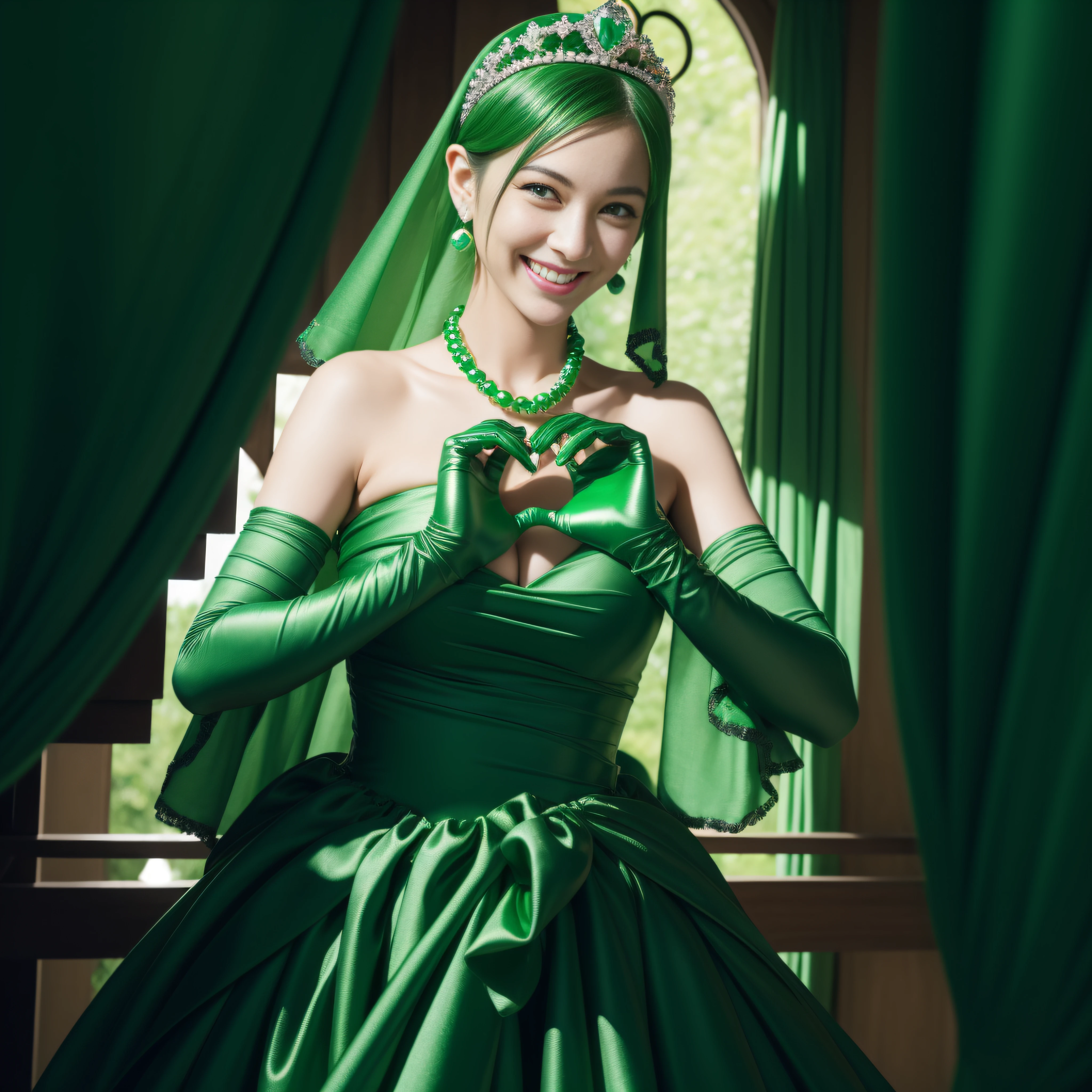 emerald tiara, Green Pearl Necklace, Boyish very short green hair, lipsticks, Japan woman smiling, very short short hair, big breasts beautiful, Green eyes, Long green gloves made of satin material, Green eyes, Emerald Earrings, green vale, Heart with both hands