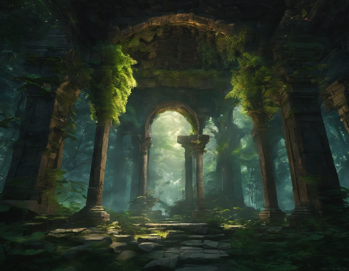 In the heart of a dense forest, ancient ruins emerge from the shadows, bathed in the soft glow of moonlight. The ruins are a testament to a forgotten era, with towering stone pillars and intricate archways that have stood the test of time. Vines and ferns intertwine with the weathered stones, reclaiming the structures as nature's own. The moonlight filters through the canopy, casting a gentle illumination on the scene and creating a mystical ambiance. The forest is alive with the sounds of nocturnal creatures, their rustling adding an eerie soundtrack to the ancient ruins. The ancient ruins located in the forest at night are a place where the past and nature coexist in harmony, a sanctuary of tranquility and mystery.