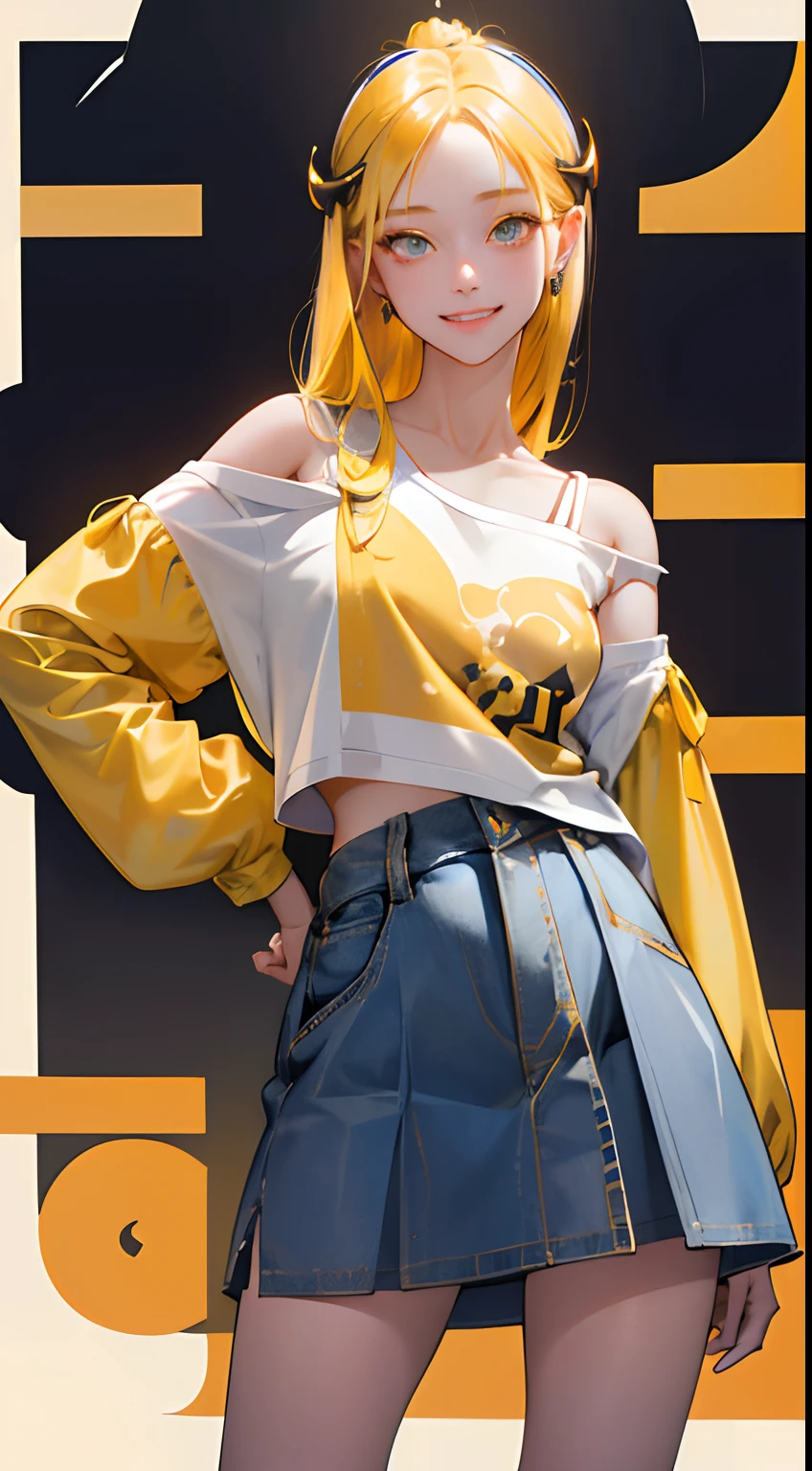 absurdres, highres, ultra detailed, 1girl, solo, extremely detailed eyes, Gold-colored hair) , (straight waist-length hair) ,she is wearingMechanical style t-shirt showing off waist in Mikado yellow and Dark Indigo colors, off-shoulder t-shirt, long sleeves , korea streetwear, anime girl in real life, casual pose,Light Indigo-colored eyes ,, ulzzang , Pale indigo pleated mini skirt, denim mini skirt, box mini skirt , cowboy shot , smile , happy , excited , (waistless:1.5) , ((Shirt body color: mikado yellow)) , Dark indigo sleeves