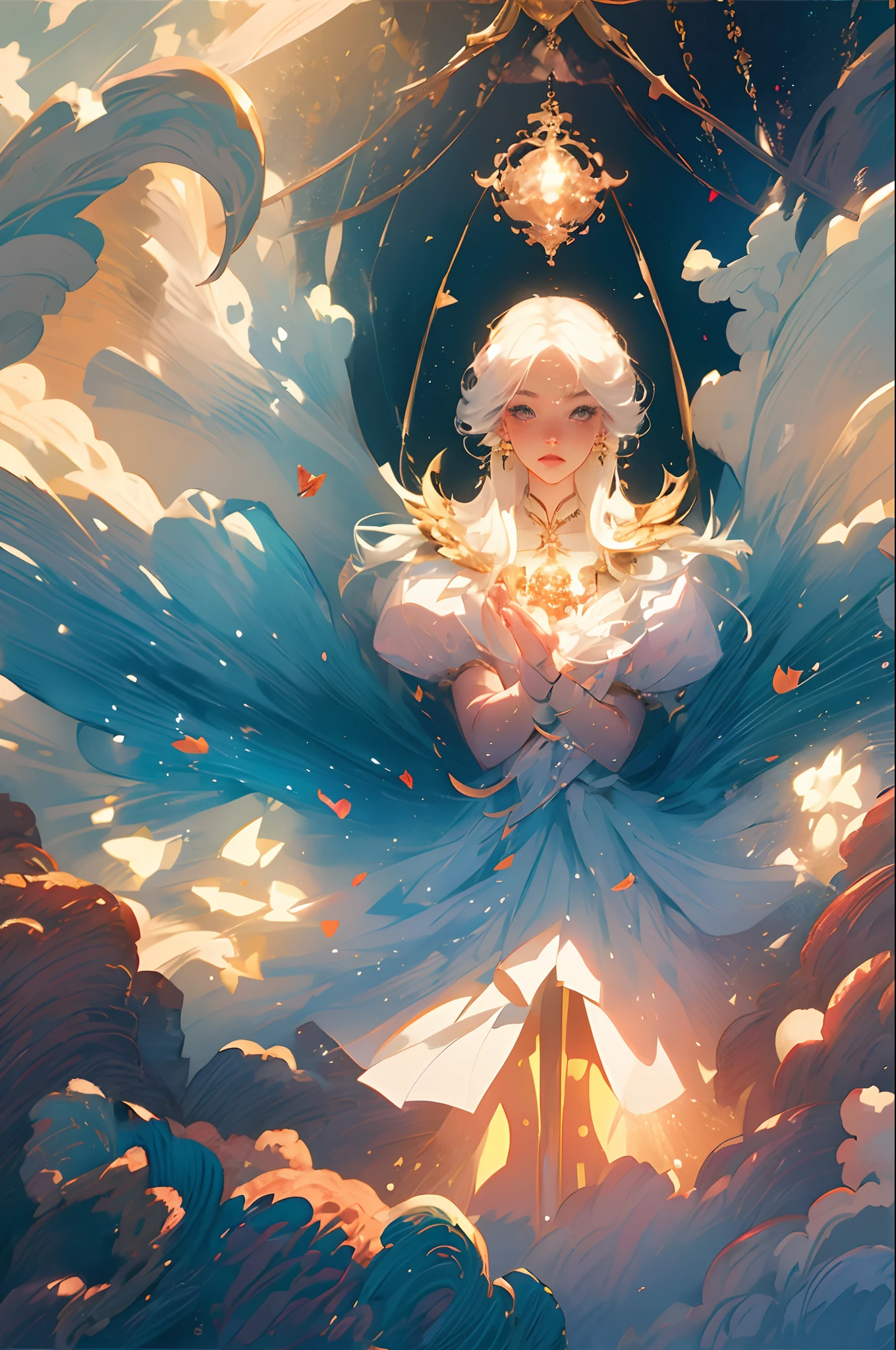 Semi-realistic anime photos, High quality, Fairies falling from the sky, Translucent with multicolored glitter, White Dress, Symmetrical face, the golden hour, Soft, Focused, Highly detailed, hyper realisitic, Dramatic Lighting, Elegant, Convoluted, Concept art, art by wlop, Mars Rabelo, Greg Rutowski, art  stations