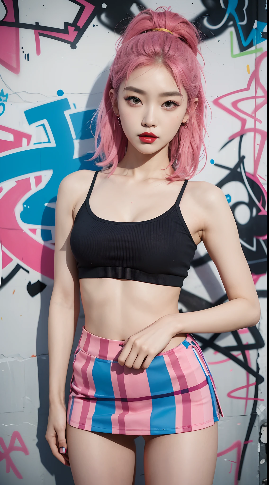 Best quality, masterpiece, super high resolution, multicolored hair (((blue and pink hair))), long hair, two moles under the eyes, gradient eyes, eyeballs, shyness, smile, evil, off-the-shoulder, character setting, chubby, plump body, showing armpit, arms up, spread legs, UHD, award-winning, bust, colourful hair, thin black tanktop, yoga shorts, ((blunt bangs)), (((blue eyes))), really beautiful face, super beautiful face