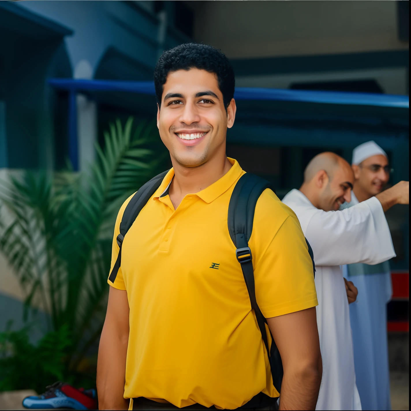 arafed man in yellow shirt with backpack and nun in background, mohamed chahin, amr elshamy, by Sam Dillemans, emad mostaque, saadane afif, in egypt, caio santos, with a happy expression, sam nassour, he is smiling, from egypt, mohamed reda, joseph moncada