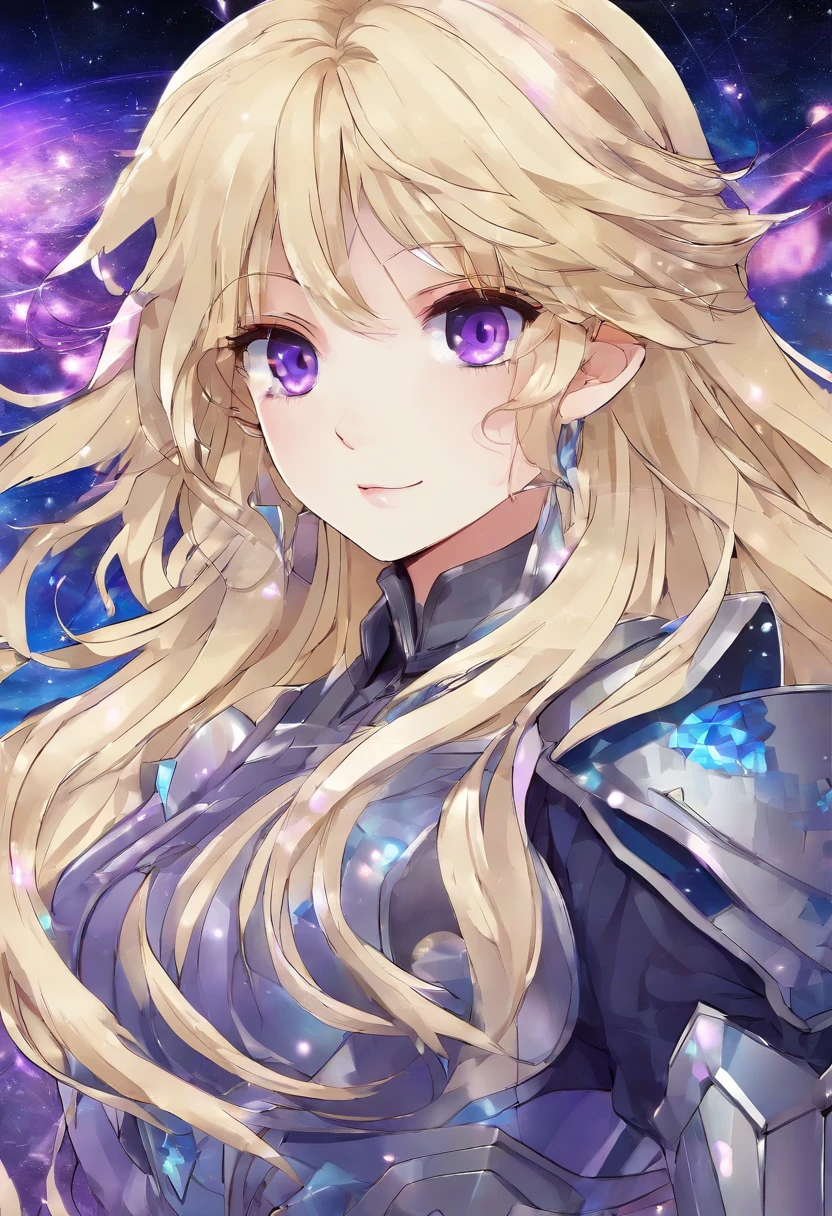 Long blond hair with slightly curly hair,Single ponytail,Purple eye,Dark blue crystal drop earrings,Starry gray paladin armor