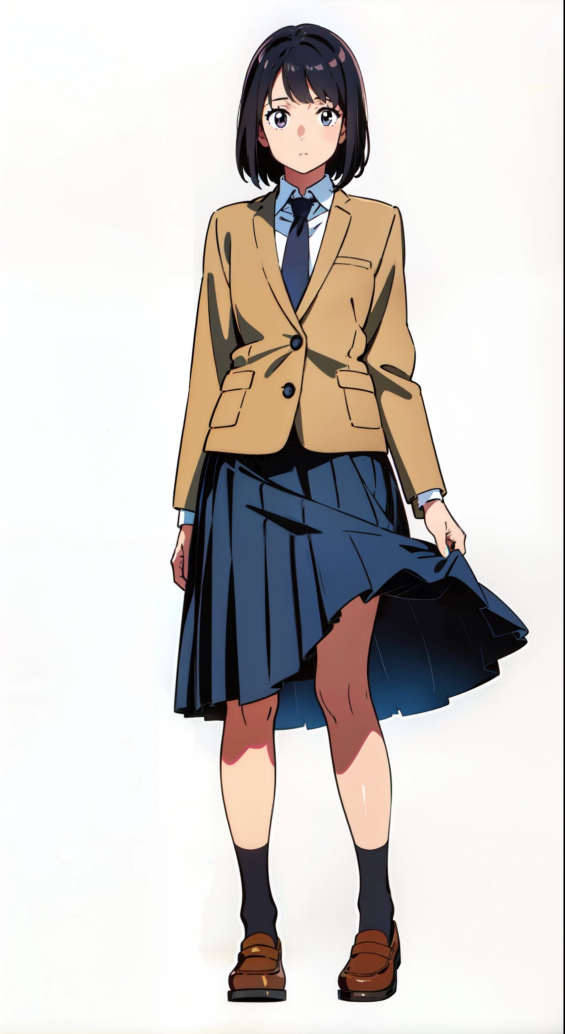(white background:1.1), (best quality:1.1), (masterpiece:1.1), (full body:1.0), (solo:1.0), (a 18yo cute girl:1.0), (long skirt:0.9), (dark blue skirt:1.0), (pleated skirt:1.0), (school uniform beige blazer:1.0), (dark blue necktie:1.0), (black socks:1.0), (loafers:1.0), (lanky:1.1), (tall:1.1), (slender:1.1), (small breasts:1.1), (detailed beautiful eyes:1.0), (detailed beautiful face:1.0), (glowing black eyes:1.0), (short hair:1.0), (strait hair:1.0), (black hair:1.0), (standing:1.0), (looking at viewer:1.0)