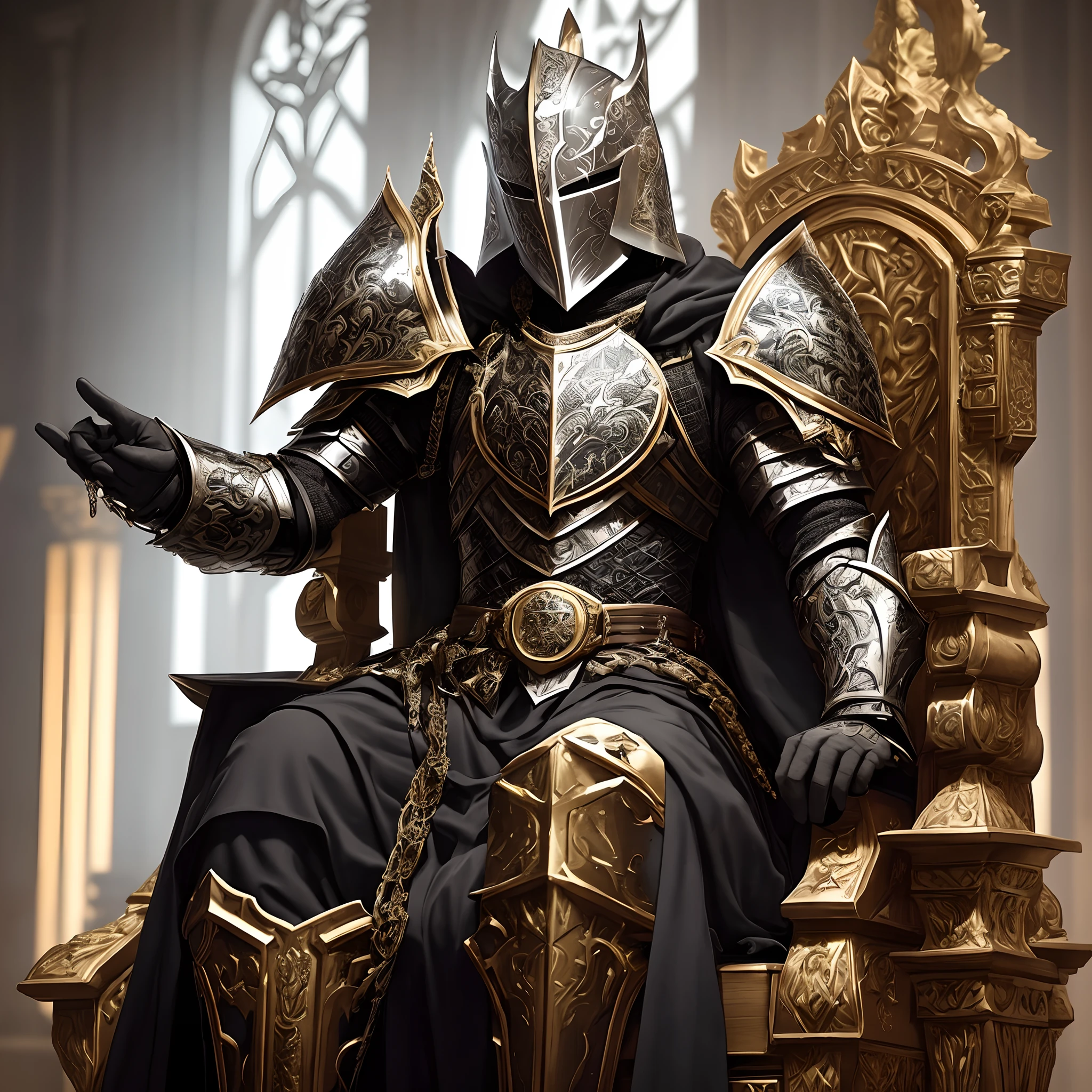 The knight sits with an air of authority, draped in a sleek and unique black armor. The armor is crafted with meticulous attention to detail, featuring intricate engravings and sharp edges. It has a futuristic design, seamlessly blending traditional elements with a modern twist. The helmet conceals the knight's face, giving an air of mystery and power. The knight is seated on a grand throne, adorned with ornate carvings and embellishments. The throne is made of dark, polished wood, with gilded accents that catch the light. The knight's presence exudes a sense of power and command, as they rest confidently upon the throne's luxurious cushions, ready for any challenge that may come their way.