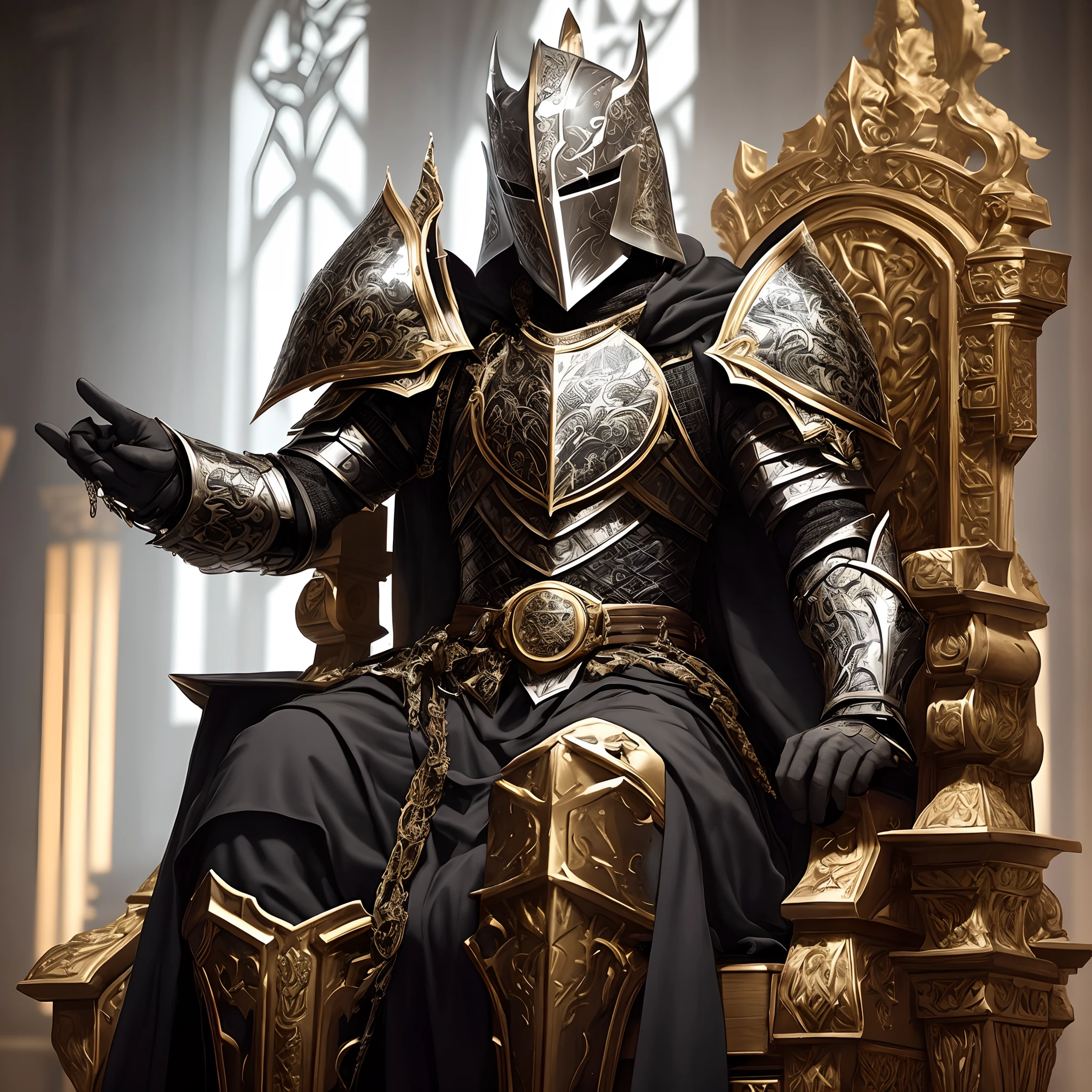 The knight sits with an air of authority, draped in a sleek and unique black armor. The armor is crafted with meticulous attention to detail, featuring intricate engravings and sharp edges. It has a futuristic design, seamlessly blending traditional elements with a modern twist. The helmet conceals the knight's face, giving an air of mystery and power. The knight is seated on a grand throne, adorned with ornate carvings and embellishments. The throne is made of dark, polished wood, with gilded accents that catch the light. The knight's presence exudes a sense of power and command, as they rest confidently upon the throne's luxurious cushions, ready for any challenge that may come their way.