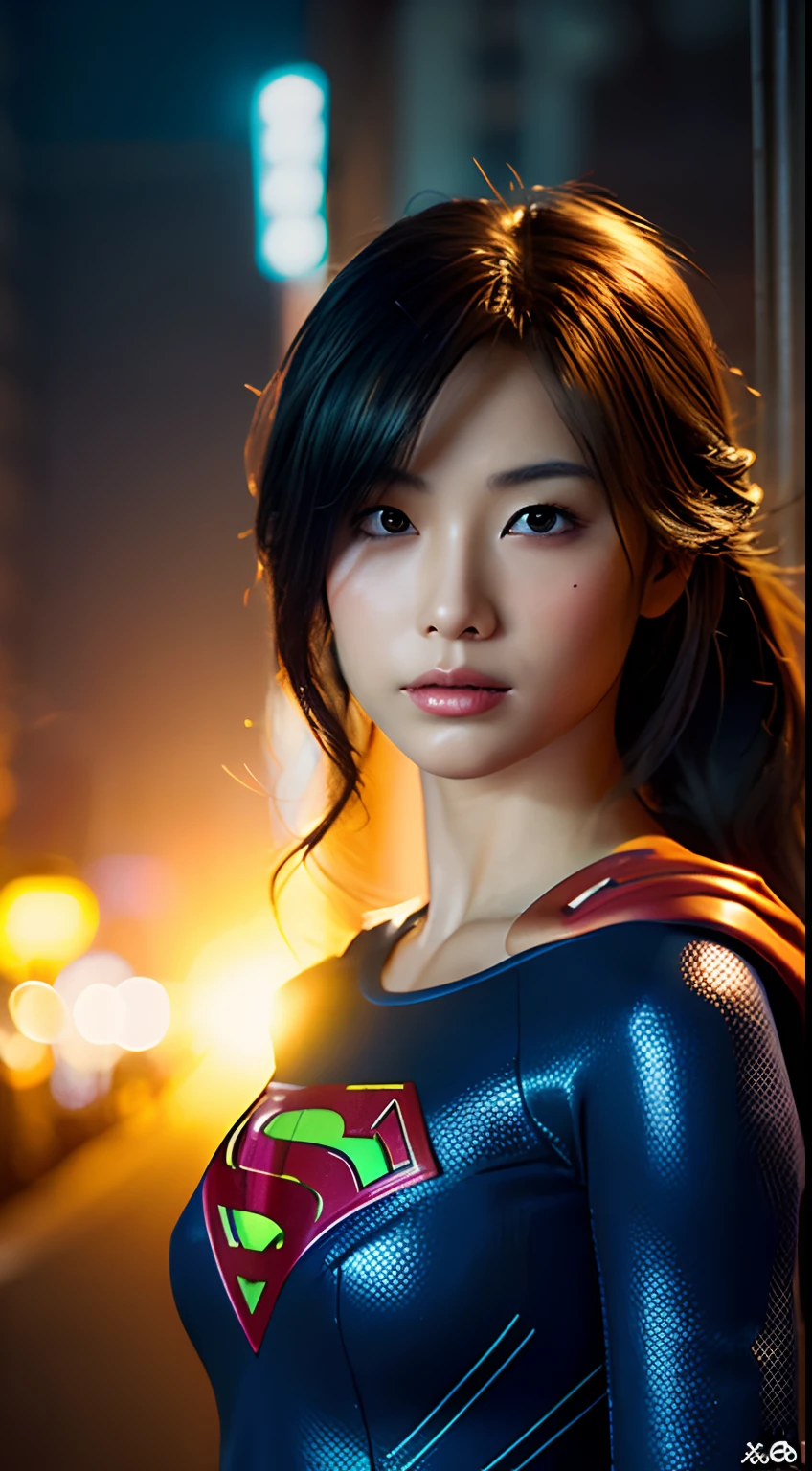 top-quality, ​masterpiece, (Photorealsitic:2), 超A high resolution, high-detail, A hyper-realistic, 1girl, japanese beautiful woman,realistic skin textures,Supergirl Suit, Superman Logo, A dark-haired,  Slim body,full-shot, Standing Pose, frombelow, looking at the viewers, natta, 城市, Sateen, cyberpunk vibe, Dark Scene, dark ambiance, Bright neon, foggy, cloudiness, lightning, 细致背景