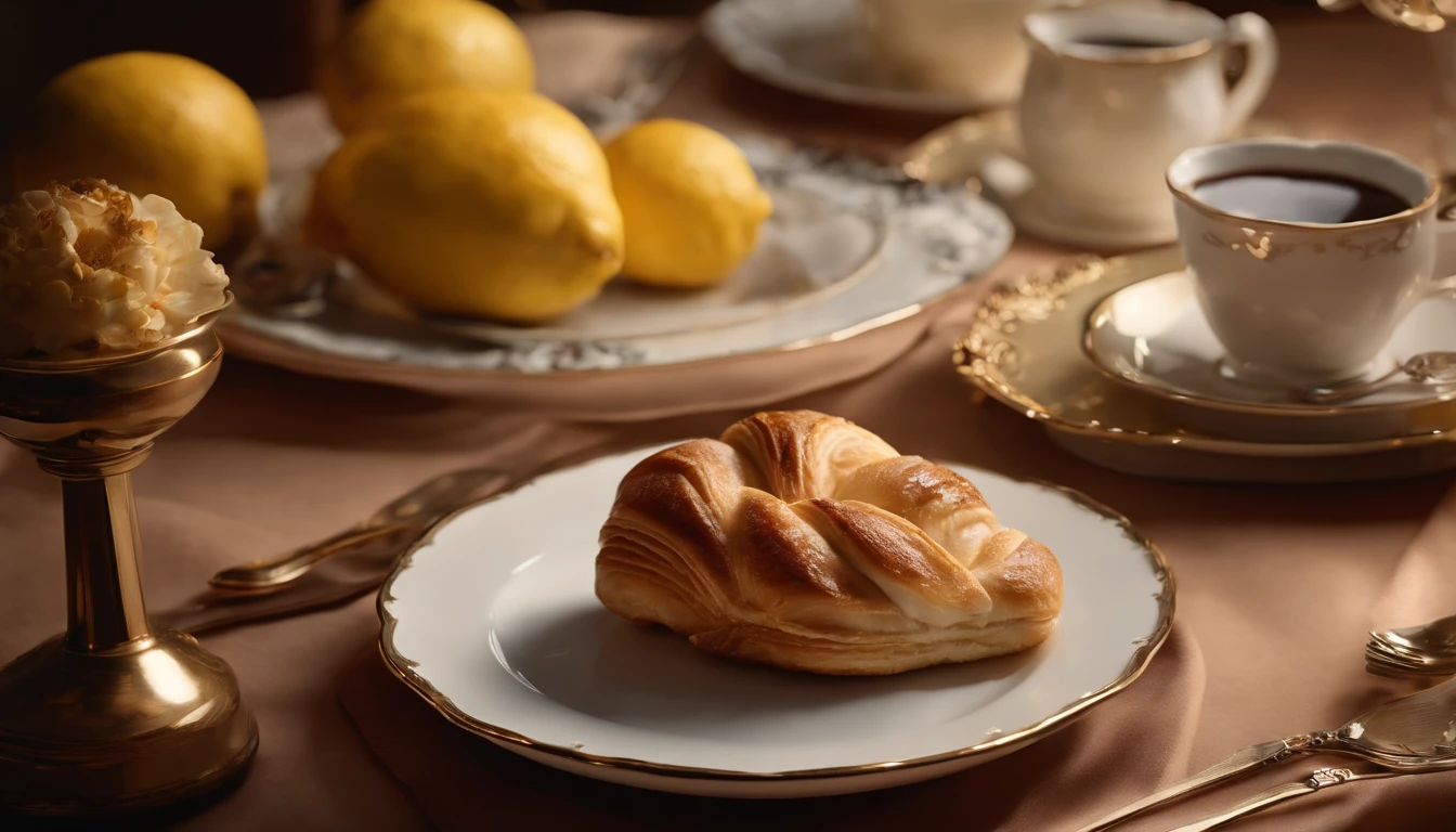 (master part), fotografia hiper-realista impressionante, top angle, Extremely Detailed Portrait Ultra realistic color photo portrait taken by professional photographer of a beautiful French pastry table on a beautiful set of porcelain plates, Croissant de chocolate, Lemon éclair, bolo elegantee, Coffee with cream in a nice cup, Beautiful classic tablecloth. The photo is sharp and detailed, com alto contraste. Fundo desfocado, studio lighting, octane rendering, Requintadamente detalhado, Art Station Trend, isometric, amazing colors, High definition, cinemactic, Neoprene, Estilo, bioluminescente, 8 tamanhos de vida, 8K resolution, curiosamente completo, elegante, close to perfection , Dynamic, altamente detalhado, arte conceitual suave, positioned so that their bodies are symmetrical and directly balanced. The background is very blurry, com apenas luzes e sombras indistintas. The photographer used a full-frame