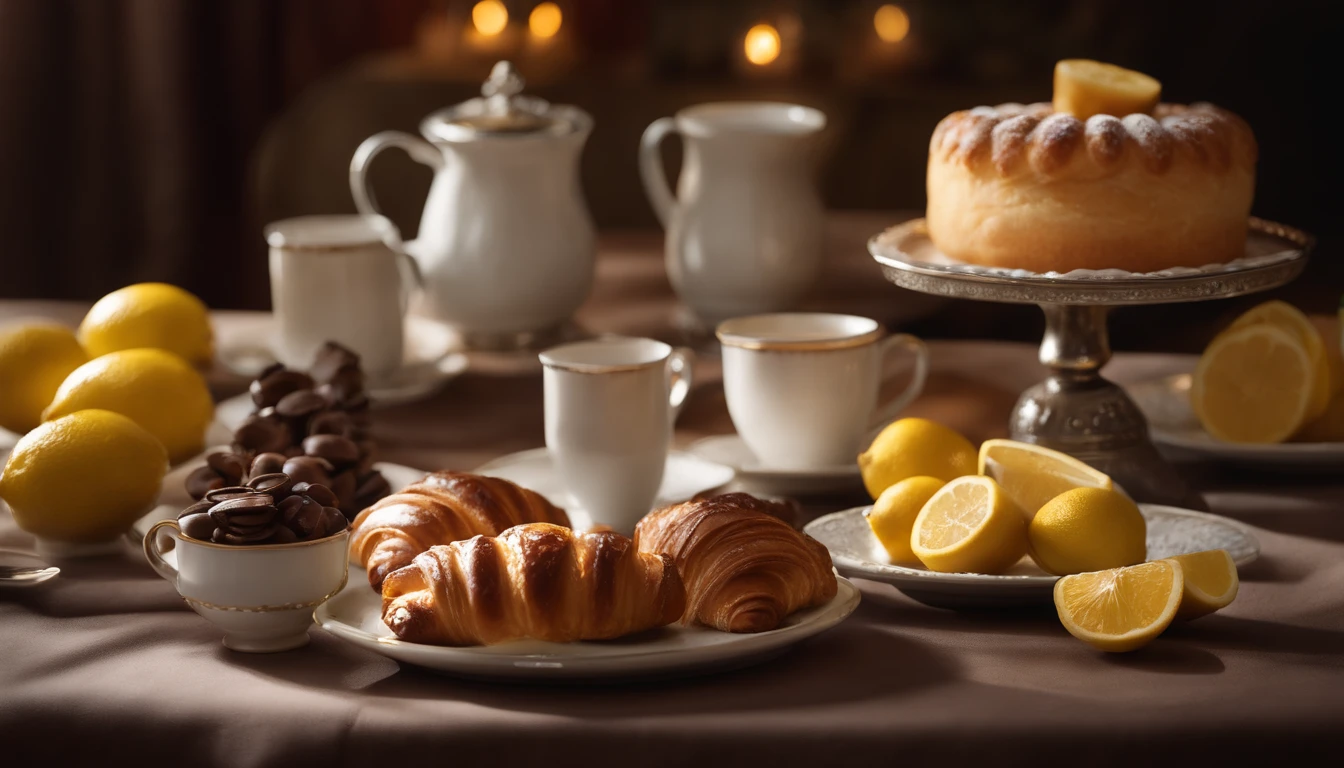 (master part), fotografia hiper-realista impressionante, top angle, Extremely Detailed Portrait Ultra realistic color photo portrait taken by professional photographer of a beautiful French pastry table on a beautiful set of porcelain plates, Croissant de chocolate, Lemon éclair, bolo elegantee, Coffee with cream in a nice cup, Beautiful classic tablecloth. The photo is sharp and detailed, com alto contraste. Fundo desfocado, studio lighting, octane rendering, Requintadamente detalhado, Art Station Trend, isometric, amazing colors, High definition, cinemactic, Neoprene, Estilo, bioluminescente, 8 tamanhos de vida, 8K resolution, curiosamente completo, elegante, close to perfection , Dynamic, altamente detalhado, arte conceitual suave, positioned so that their bodies are symmetrical and directly balanced. The background is very blurry, com apenas luzes e sombras indistintas. The photographer used a full-frame