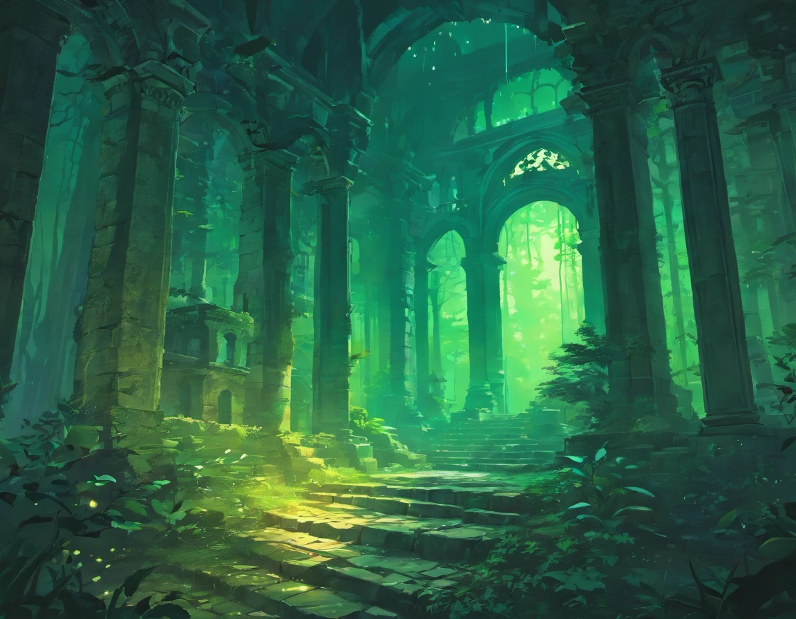 In the heart of a dense forest, ancient ruins emerge from the shadows, bathed in the soft glow of moonlight. The ruins are a testament to a forgotten era, with towering stone pillars and intricate archways that have stood the test of time. Vines and ferns intertwine with the weathered stones, reclaiming the structures as nature's own. The moonlight filters through the canopy, casting a gentle illumination on the scene and creating a mystical ambiance. The forest is alive with the sounds of nocturnal creatures, their rustling adding an eerie soundtrack to the ancient ruins. The ancient ruins located in the forest at night are a place where the past and nature coexist in harmony, a sanctuary of tranquility and mystery.