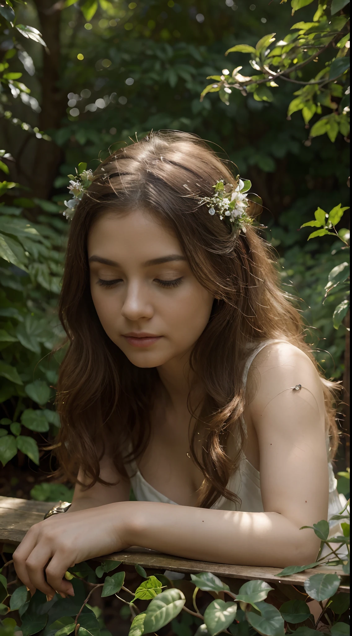 (best quality,4k,8k,highres,masterpiece:1.2),ultra-detailed,(realistic,photorealistic,photo-realistic:1.37),portrait,greenery,nature,miniature,garden,fairy,tiny,detailed foliage,softly glowing leaves,blissful sprite,contented,harmonious color palette,sunlight filtering through trees,peaceful atmosphere,little pathways,hidden flowers and plants,elegant swirls and vines,delicate and intricate details,natural beauty,tranquil ambiance