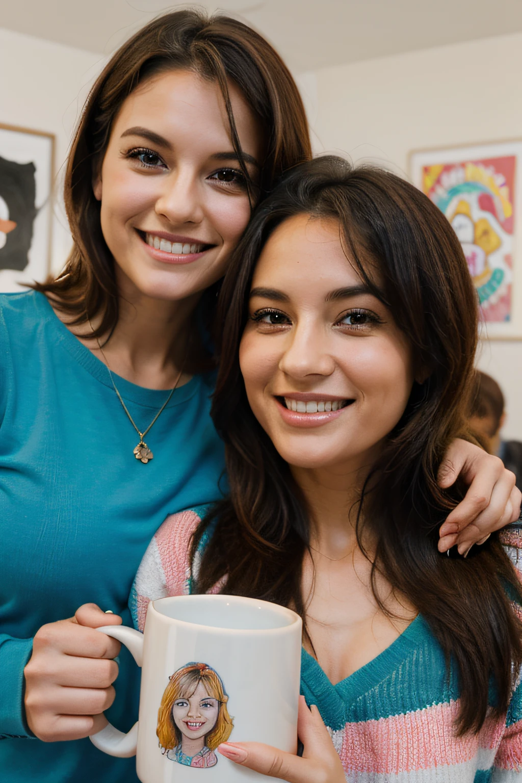 2 mothers in their 30's, each holding a mug, seen on the mug are colorful drawings their children had drawn, smiling, happy, good looking, young mothers with nice body and boobs