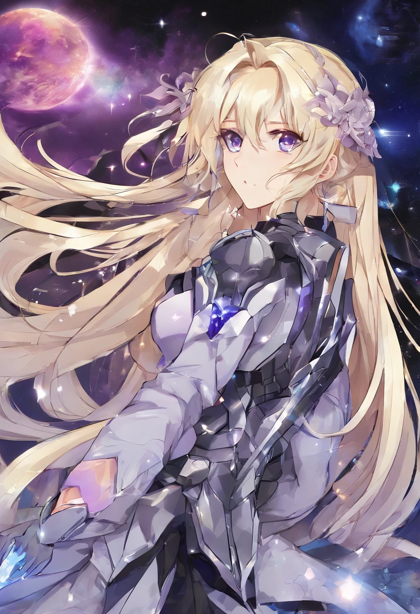 Long blond hair with slightly curly hair,Single ponytail,Purple eye,Dark blue crystal drop earrings,Starry gray paladin armor